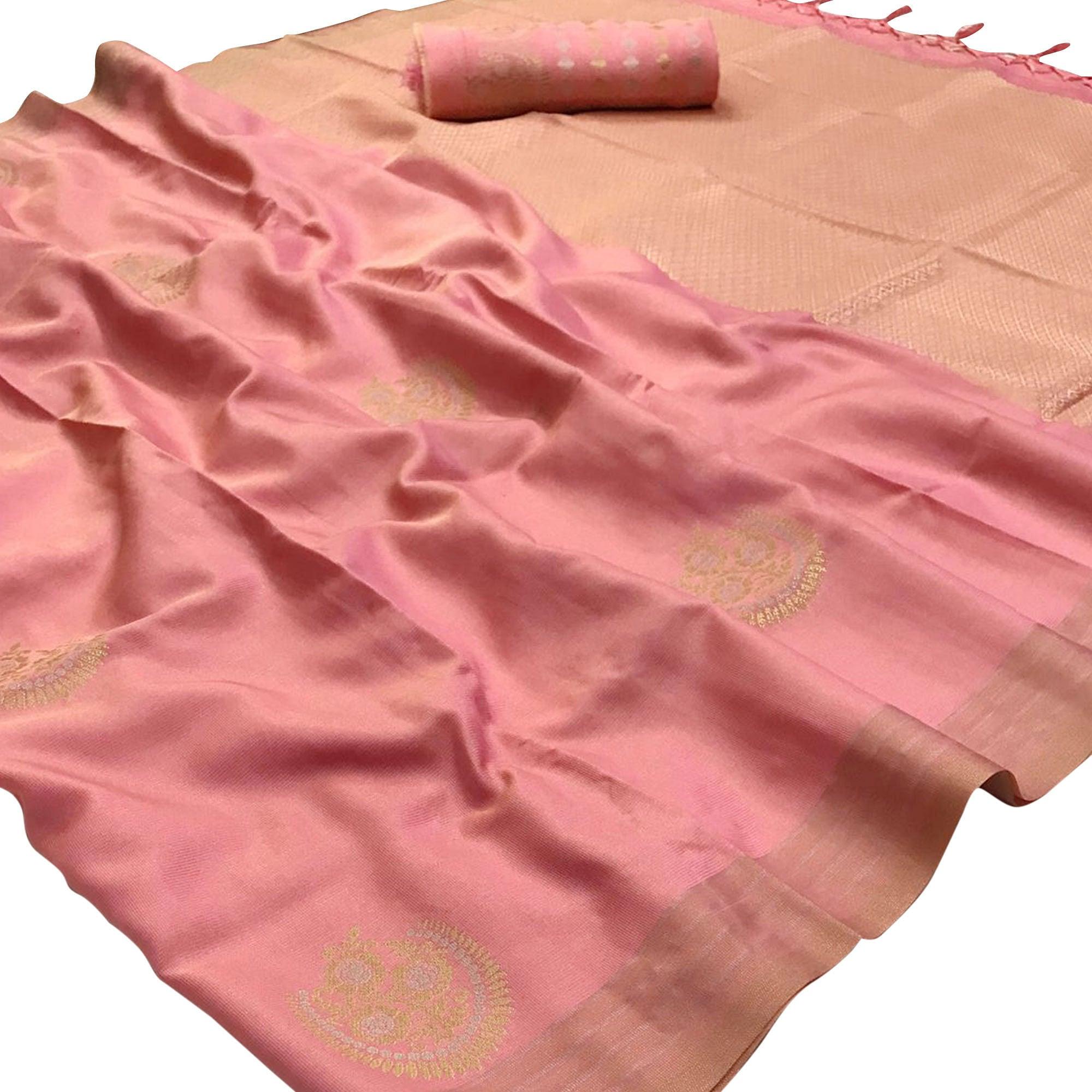 Delightful Light Pink Colored Festive Wear Woven Banarasi Silk Saree - Peachmode