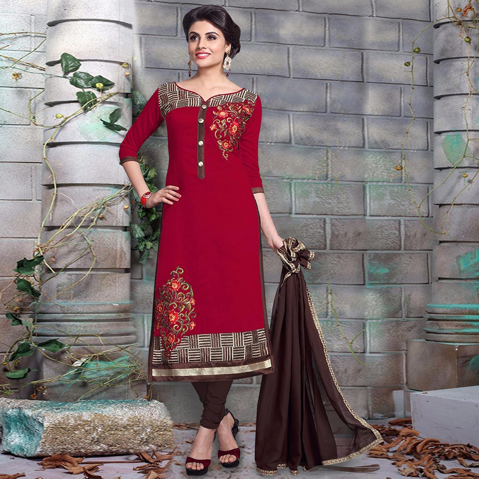 Delightful Maroon Colored Party Wear Embroidered Chanderi Dress Material - Peachmode