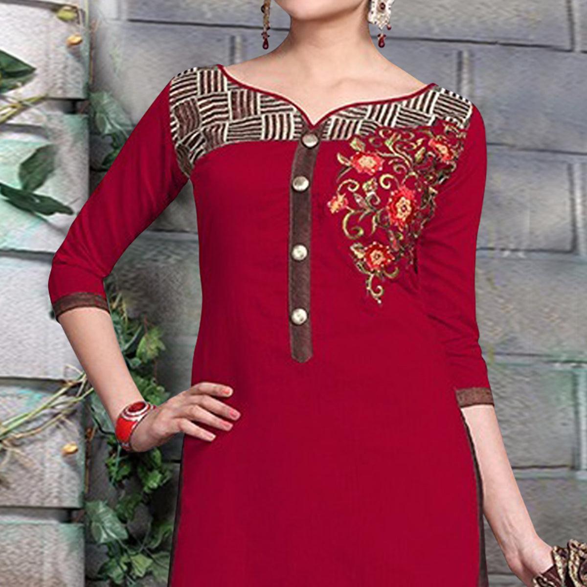 Delightful Maroon Colored Party Wear Embroidered Chanderi Dress Material - Peachmode