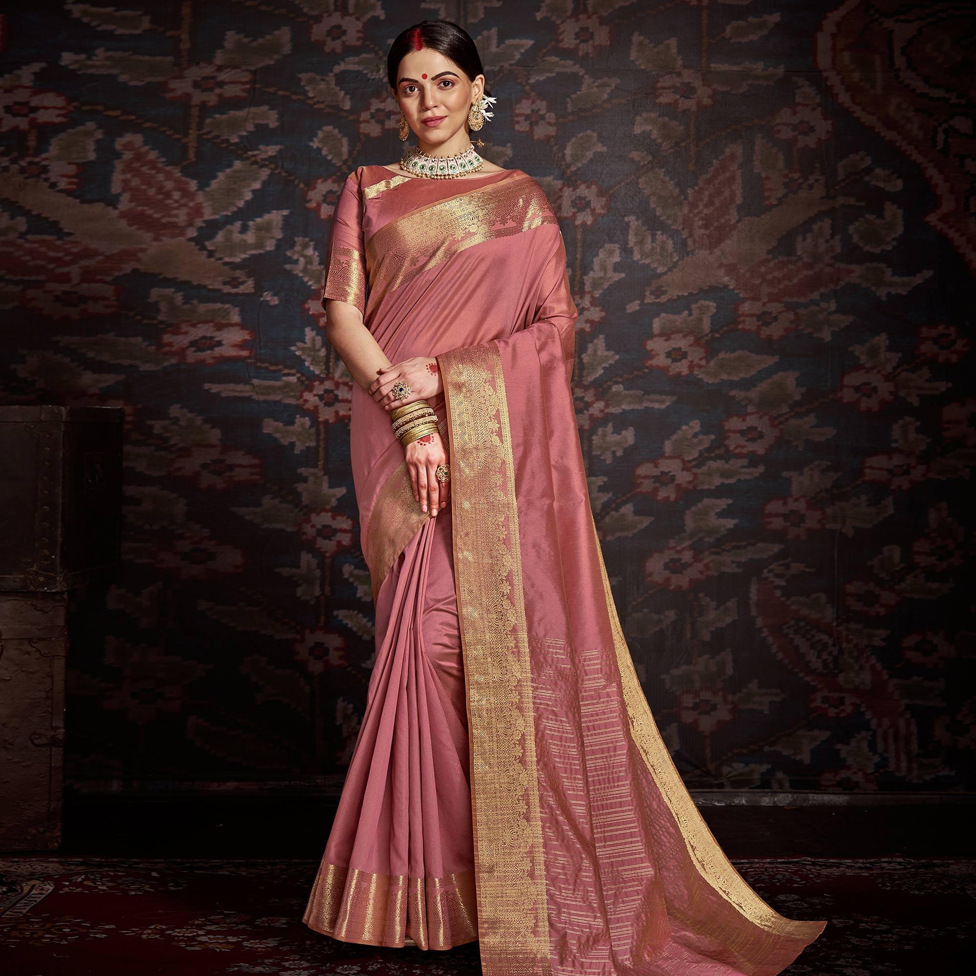 Delightful Mauve Colored Festive Wear Woven Silk Saree - Peachmode