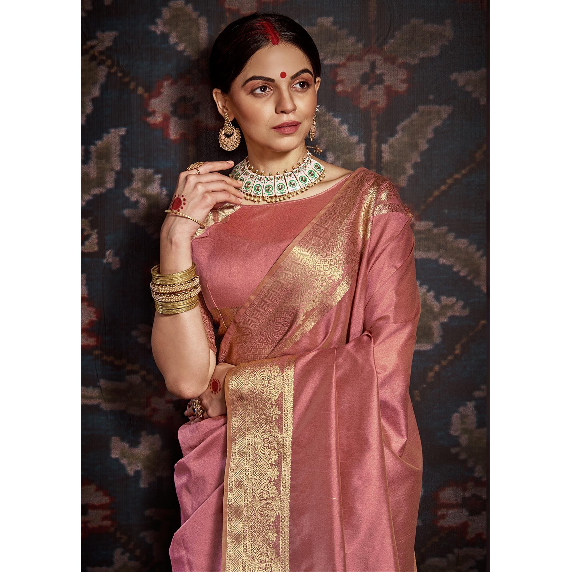 Delightful Mauve Colored Festive Wear Woven Silk Saree - Peachmode