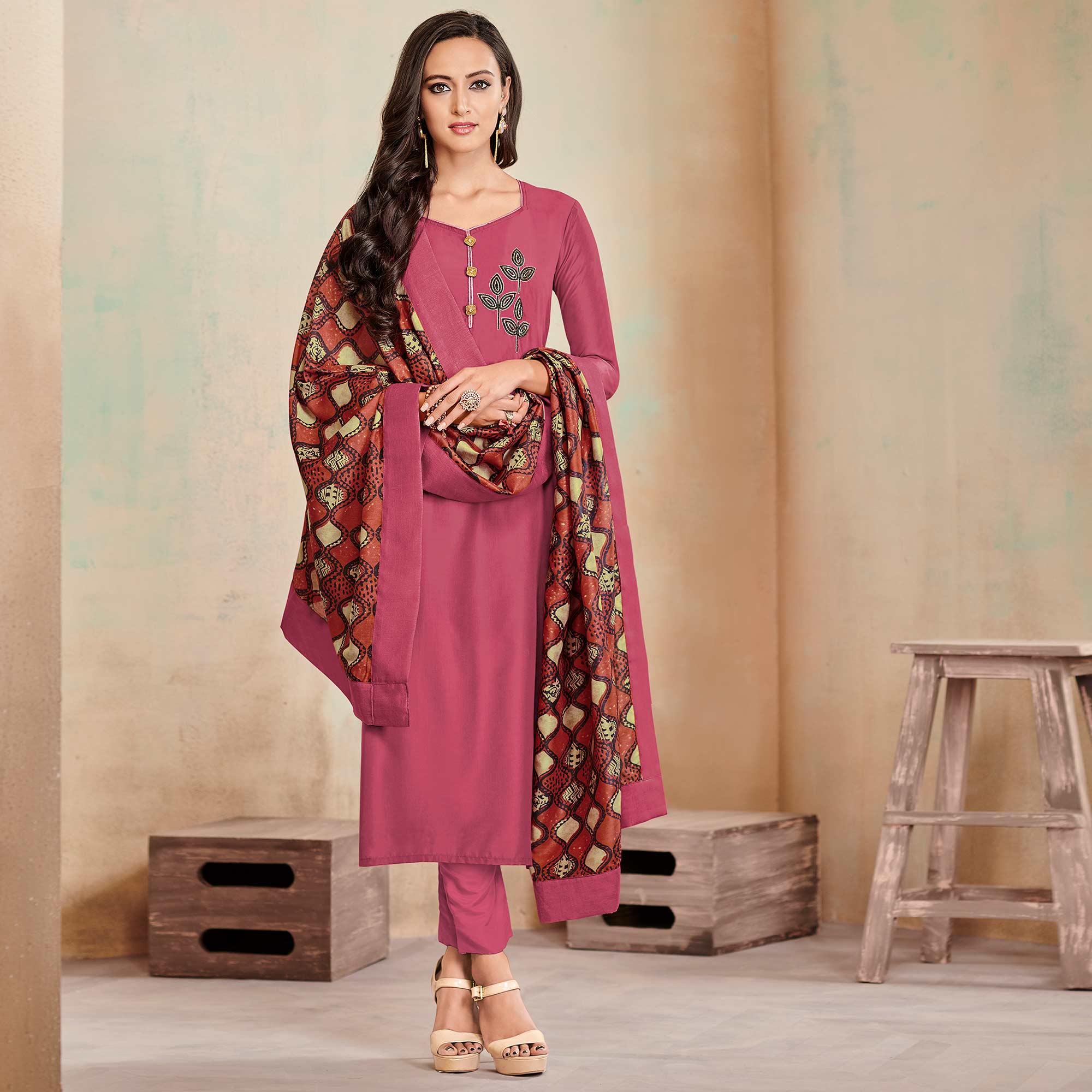 Delightful Mauve Colored Partywear Cotton Suit - Peachmode