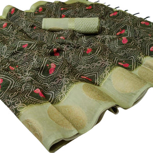 Delightful Mehendi Green Colored Festive Wear Woven Silk Saree - Peachmode