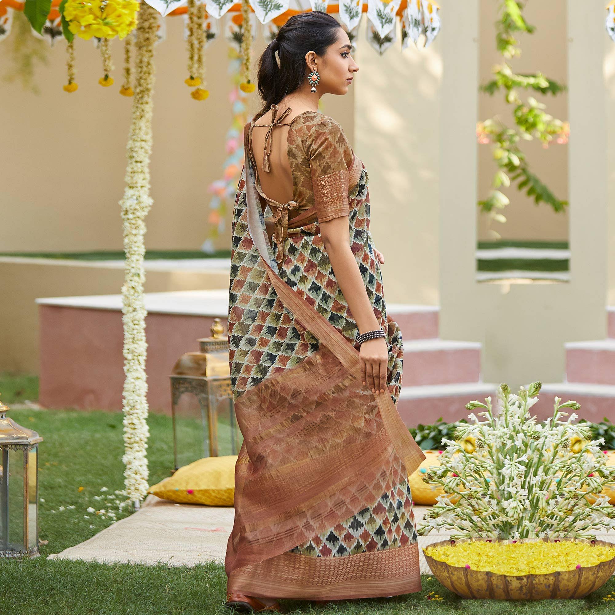 Delightful Multi Colored Party Wear Digital Printed Linen Saree - Peachmode