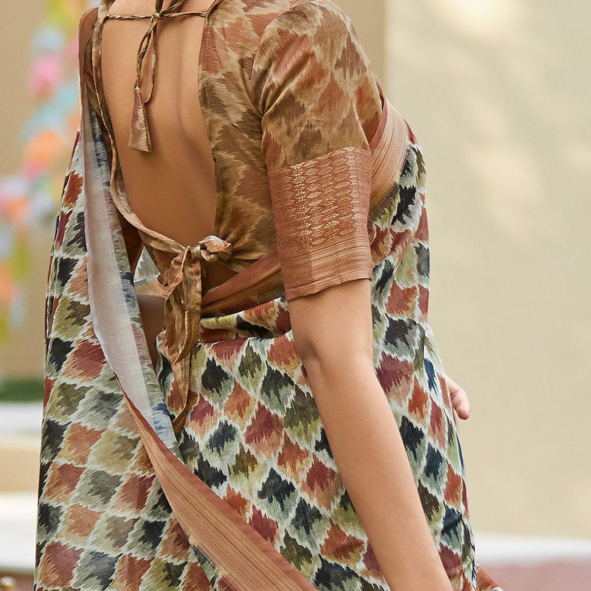 Delightful Multi Colored Party Wear Digital Printed Linen Saree - Peachmode