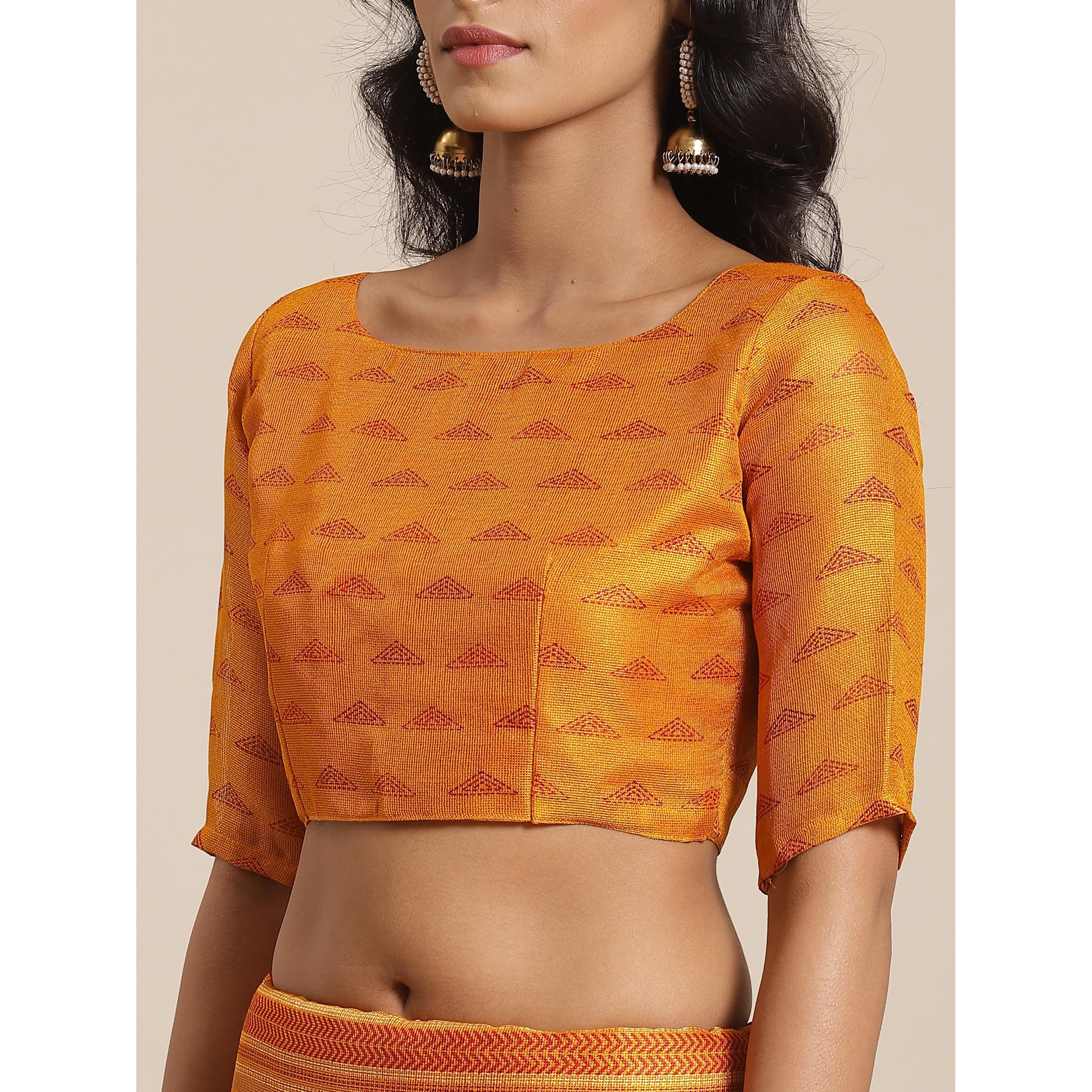 Delightful Mustard Colored Casual Wear Printed Jute Silk Saree - Peachmode