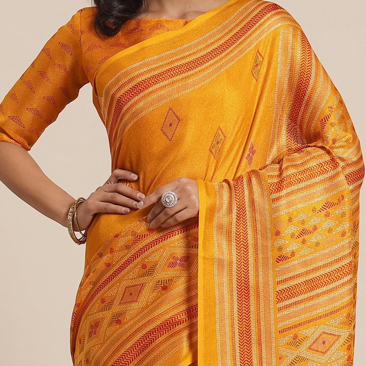 Delightful Mustard Colored Casual Wear Printed Jute Silk Saree - Peachmode