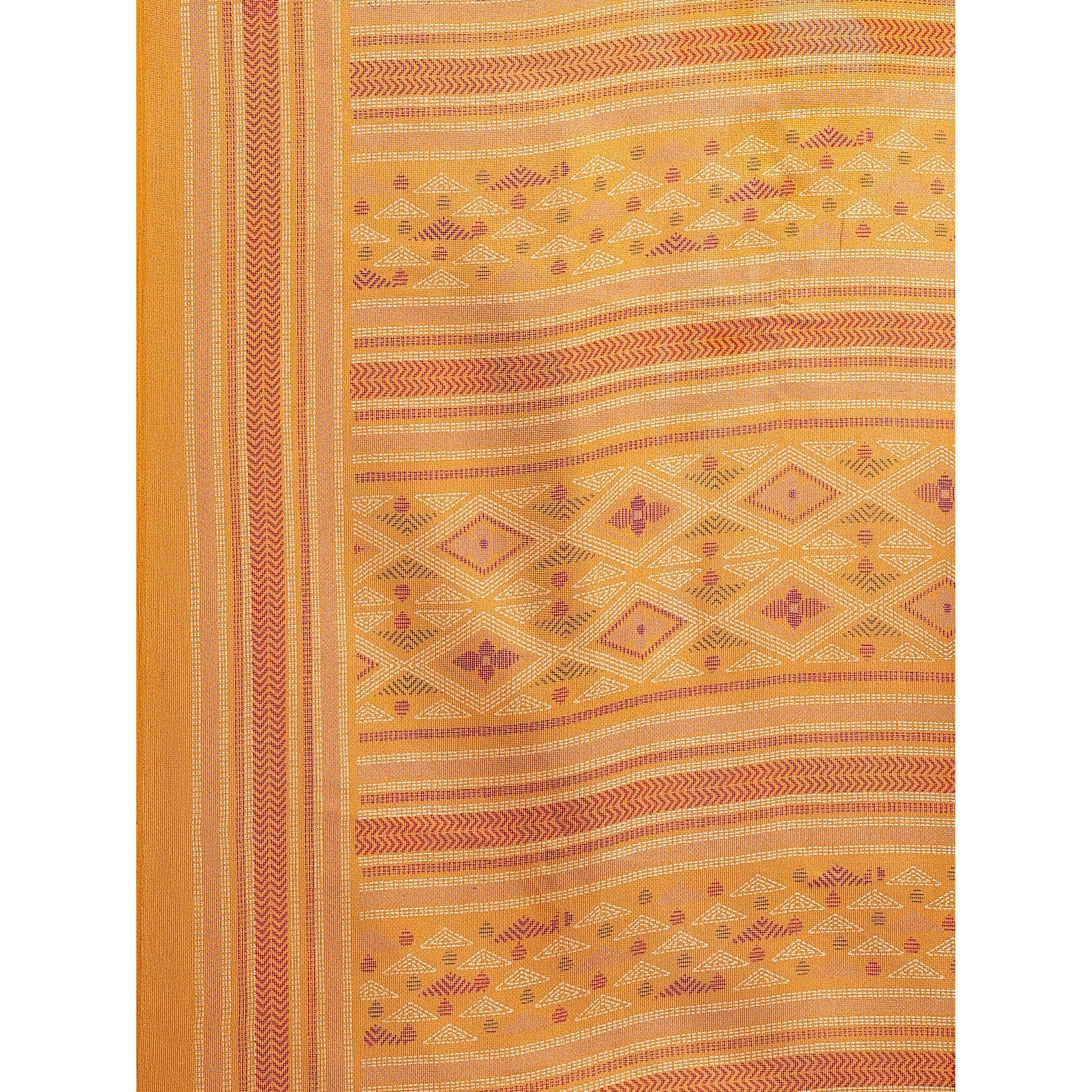 Delightful Mustard Colored Casual Wear Printed Jute Silk Saree - Peachmode