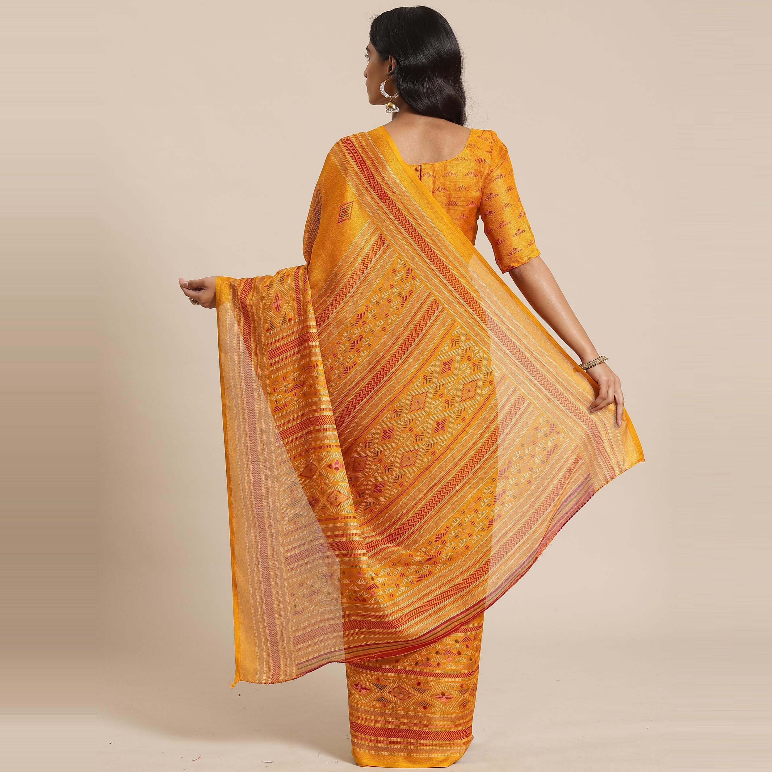 Delightful Mustard Colored Casual Wear Printed Jute Silk Saree - Peachmode