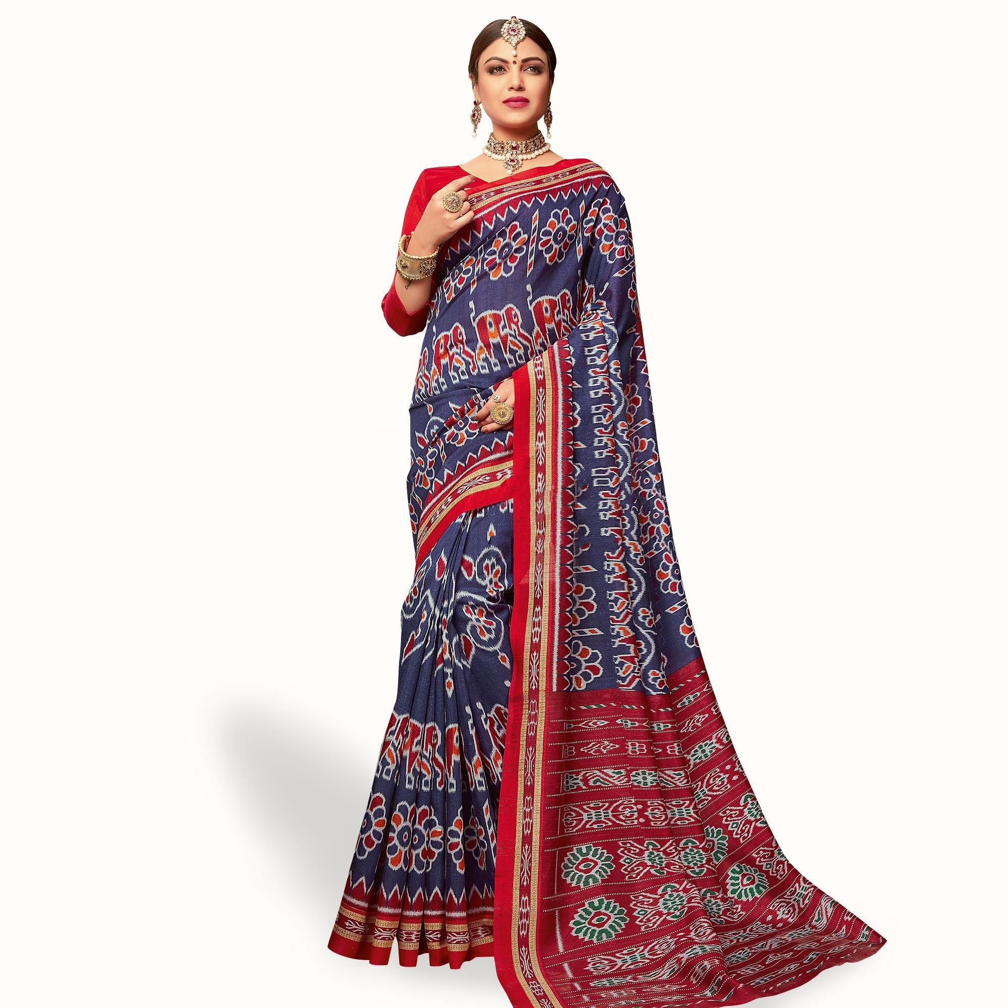 Delightful Navy Blue Colored Casual Wear Printed Art Silk Saree - Peachmode