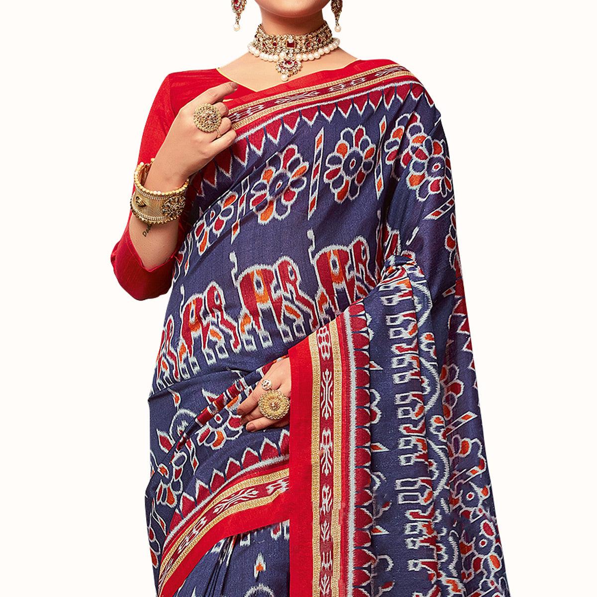 Delightful Navy Blue Colored Casual Wear Printed Art Silk Saree - Peachmode