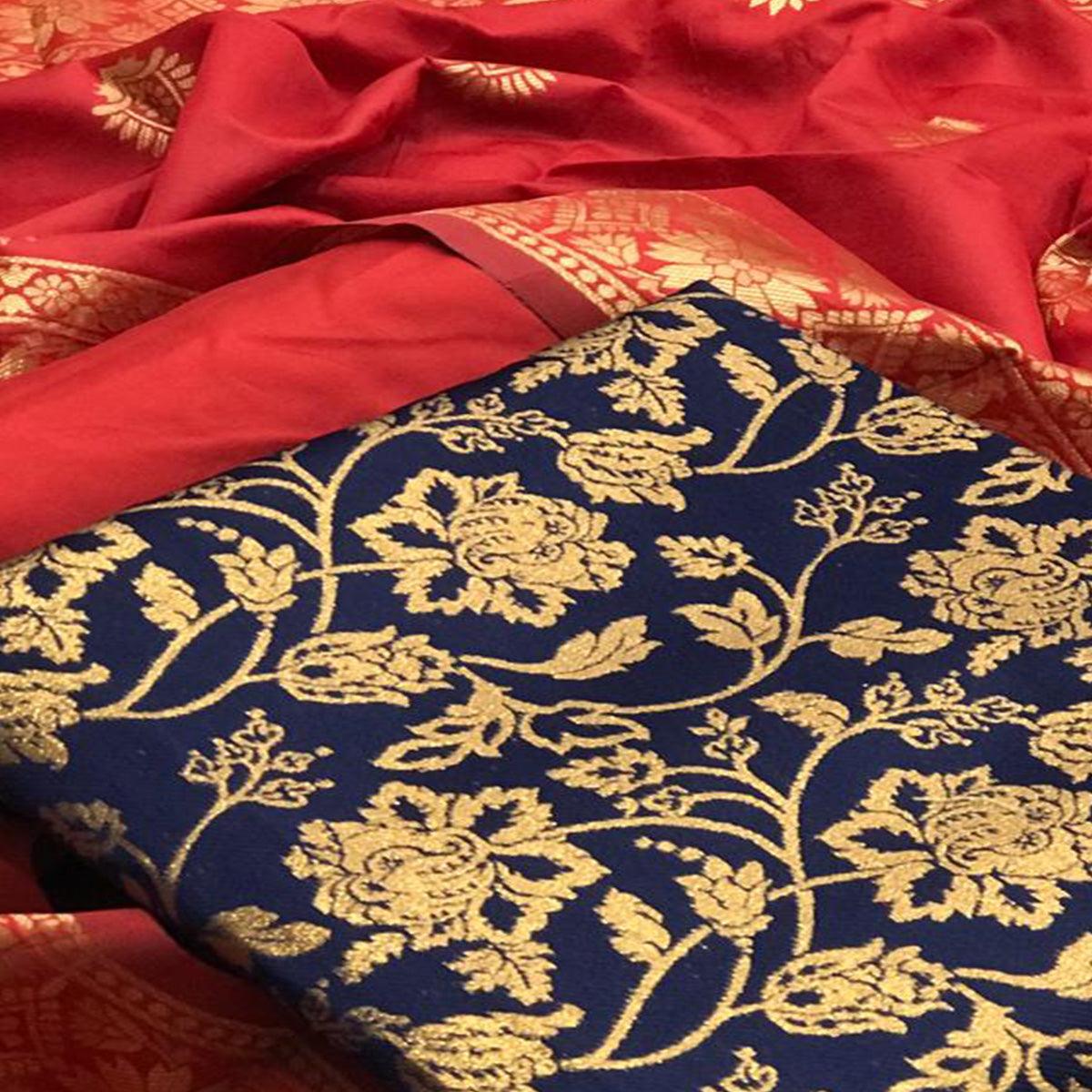 Delightful Navy Blue Colored Casual Wear Woven Banarasi Silk Dress Material - Peachmode