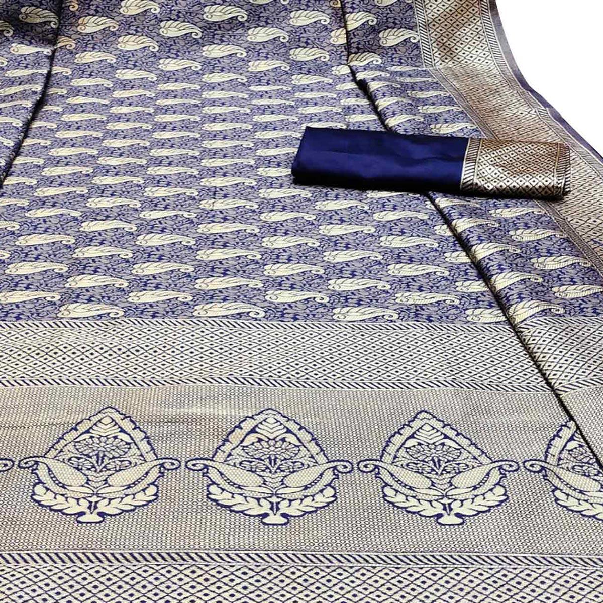 Delightful Navy Blue Colored Festive Wear Woven Banarasi Silk Saree With Tassels - Peachmode