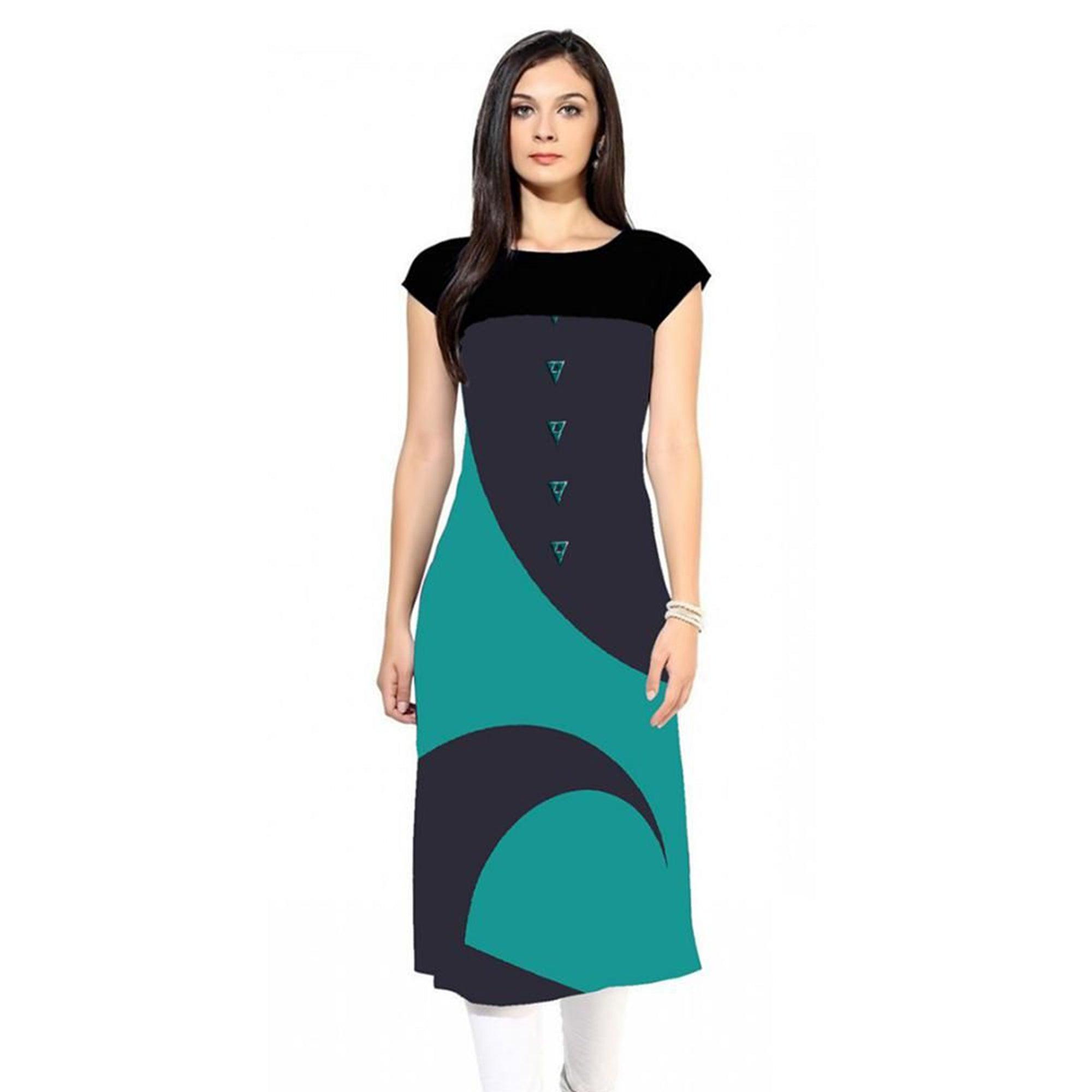 Delightful Navy Blue-Turquoise Green Colored Casual Digital Printed Rayon Kurti - Peachmode