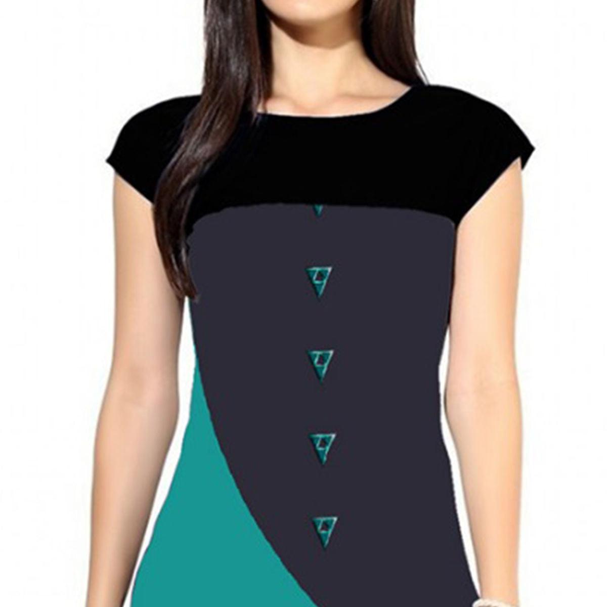 Delightful Navy Blue-Turquoise Green Colored Casual Digital Printed Rayon Kurti - Peachmode