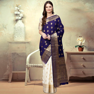 Delightful Navy Blue - White Colored Festive Wear Woven Silk Saree - Peachmode