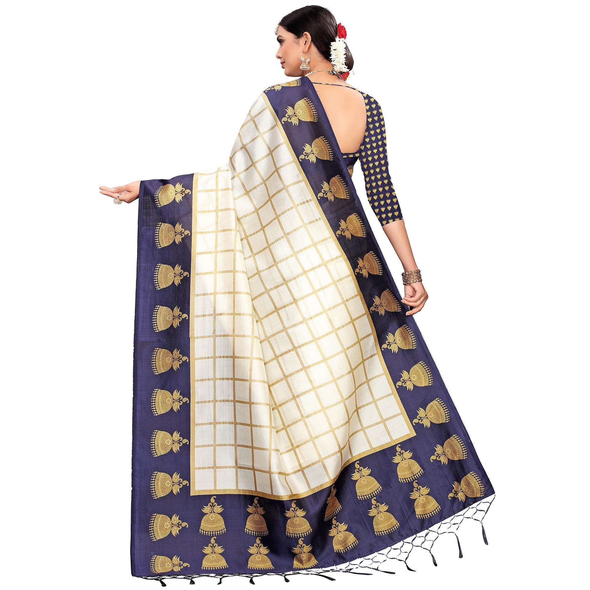 Delightful Off White-Navy Blue Colored Festive Wear Printed Mysore Silk Saree - Peachmode