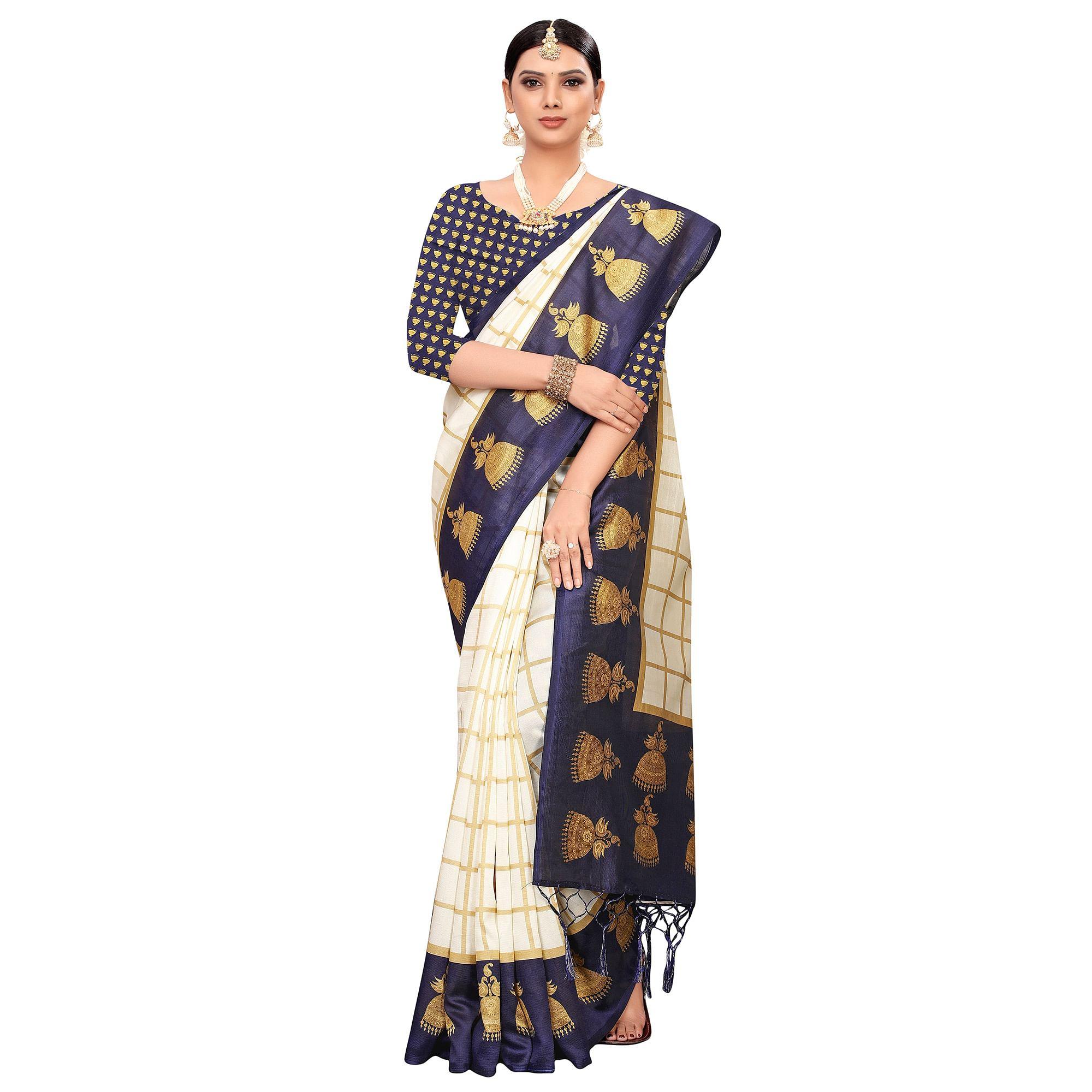 Delightful Off White-Navy Blue Colored Festive Wear Printed Mysore Silk Saree - Peachmode