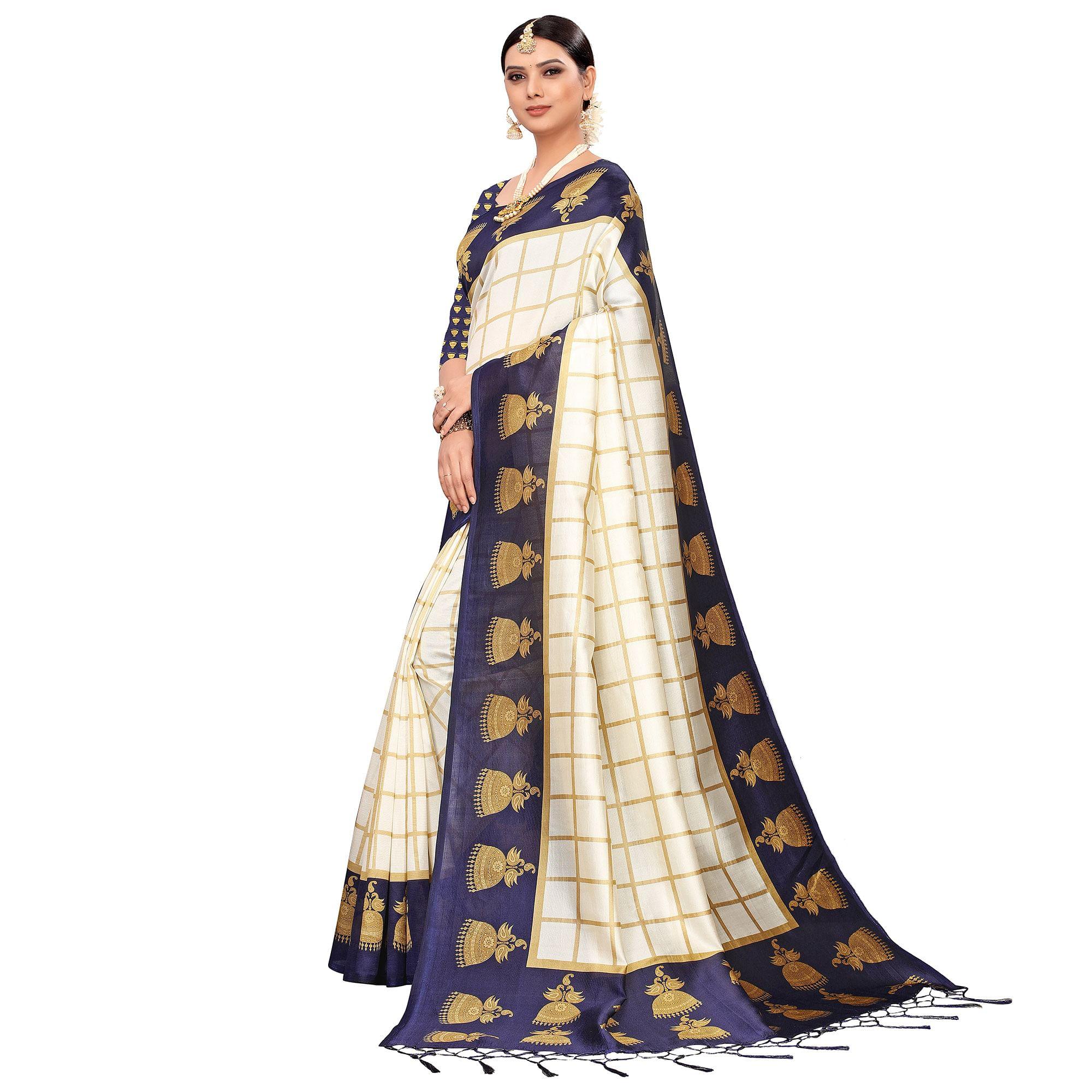Delightful Off White-Navy Blue Colored Festive Wear Printed Mysore Silk Saree - Peachmode