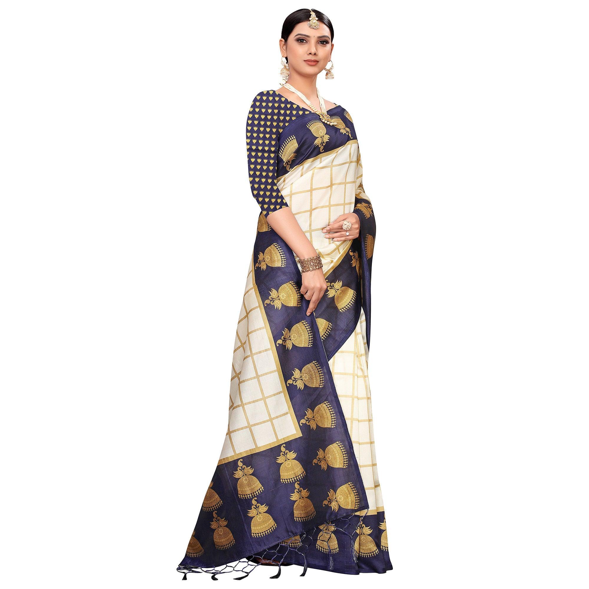 Delightful Off White-Navy Blue Colored Festive Wear Printed Mysore Silk Saree - Peachmode