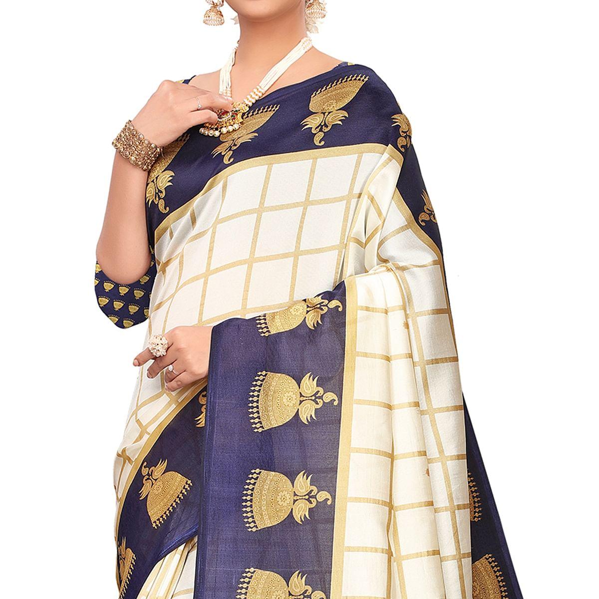 Delightful Off White-Navy Blue Colored Festive Wear Printed Mysore Silk Saree - Peachmode