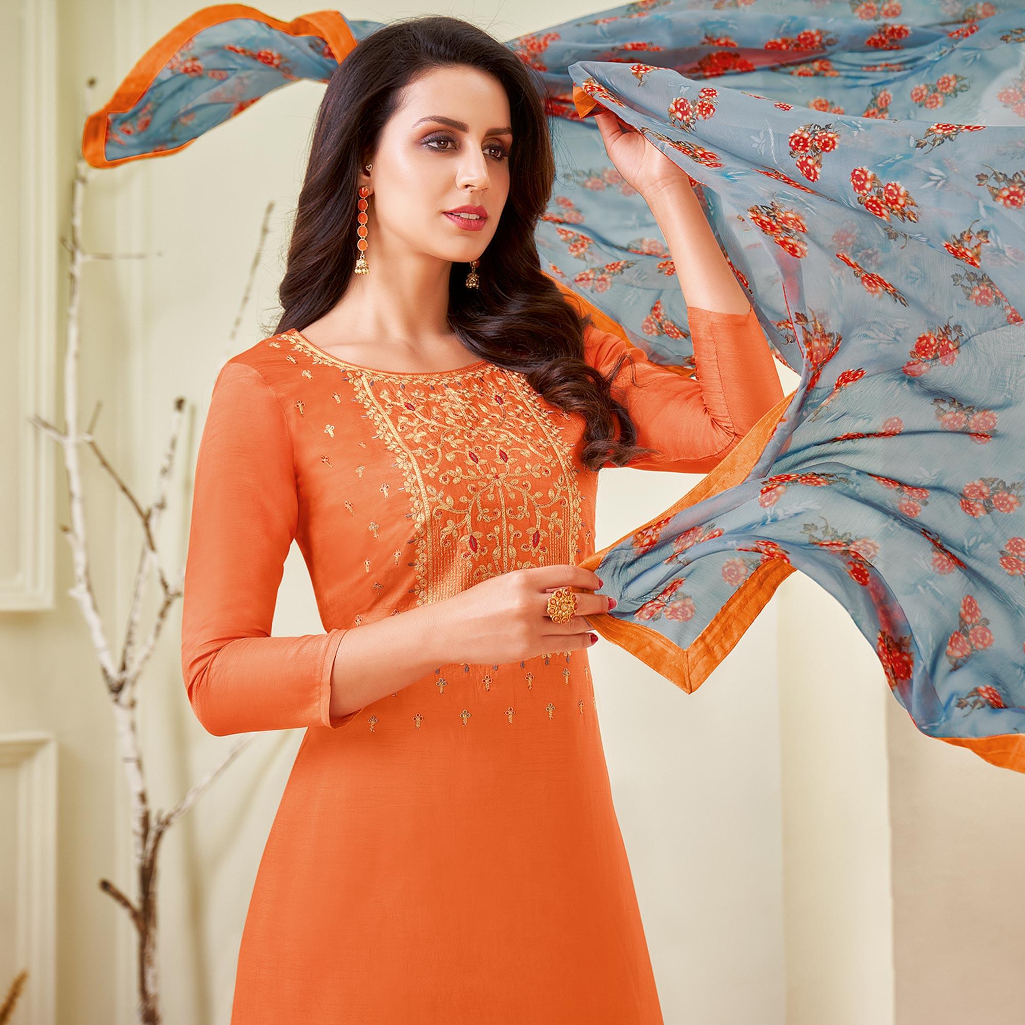 Delightful Orange Colored Casual Wear Embroidered Chanderi Dress Material - Peachmode