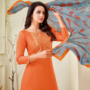 Delightful Orange Colored Casual Wear Embroidered Chanderi Dress Material - Peachmode