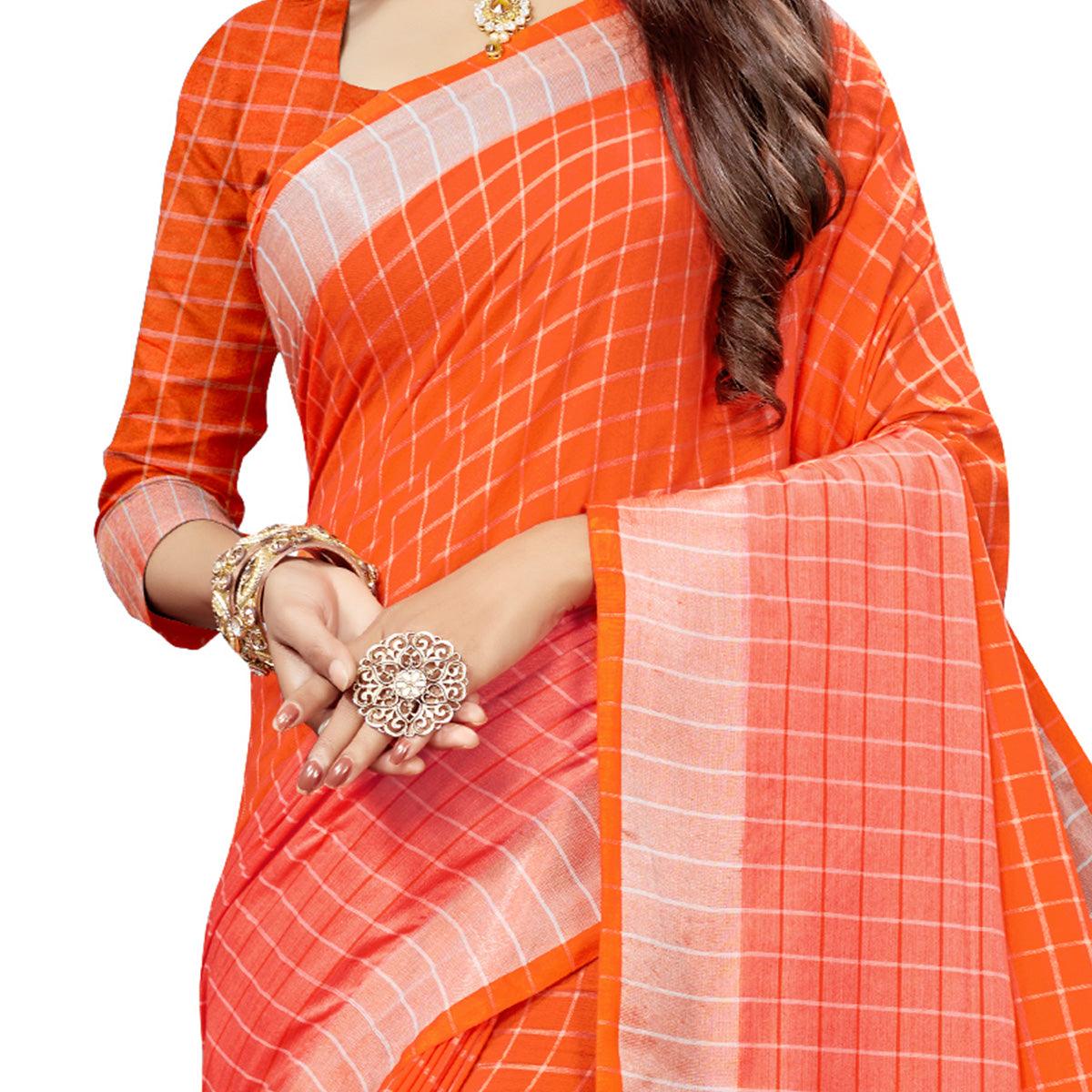 Delightful Orange Colored Fesive Wear Checks Print Cotton Silk Saree With Tassels - Peachmode