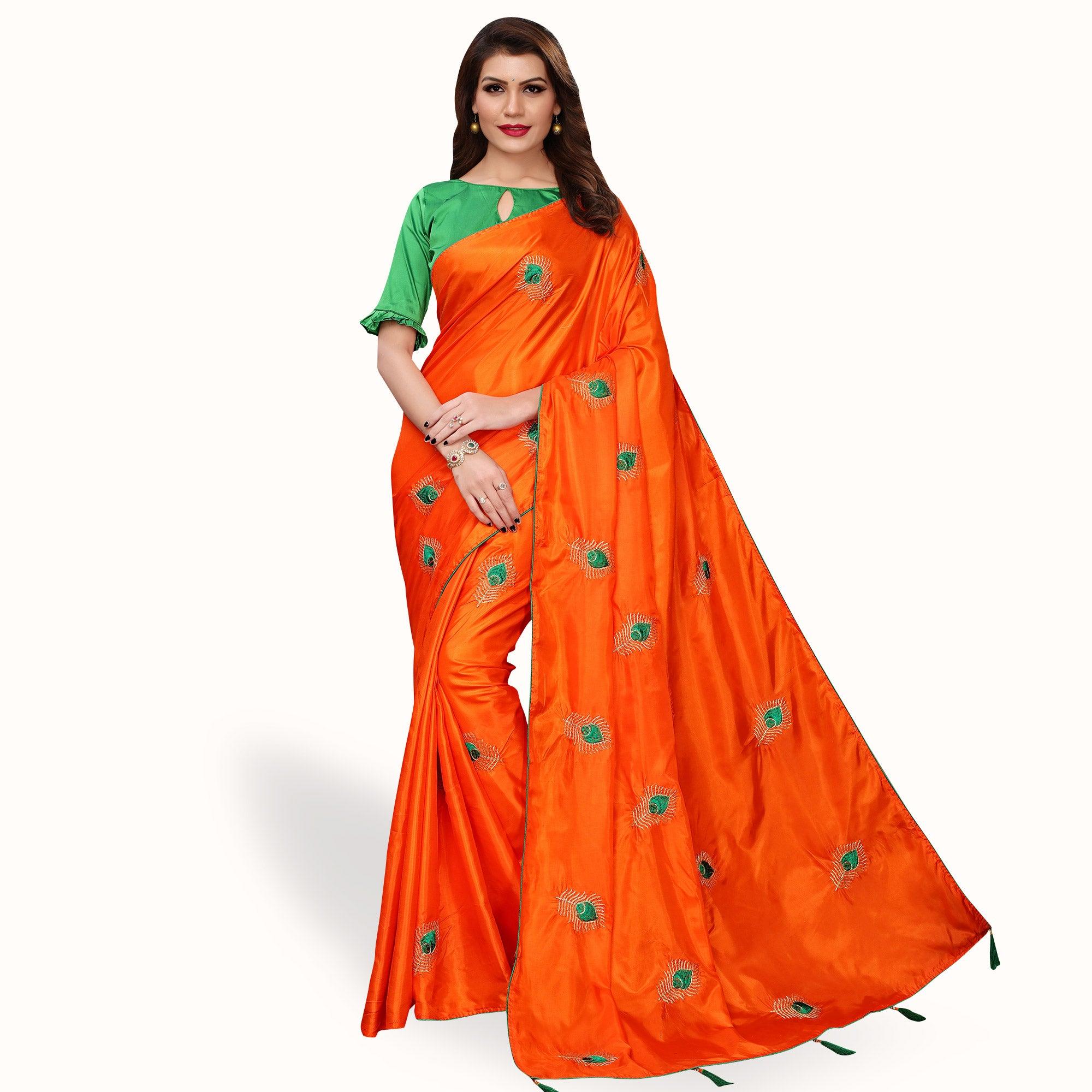 Delightful Orange Colored Party Wear Embroidered Silk Saree - Peachmode
