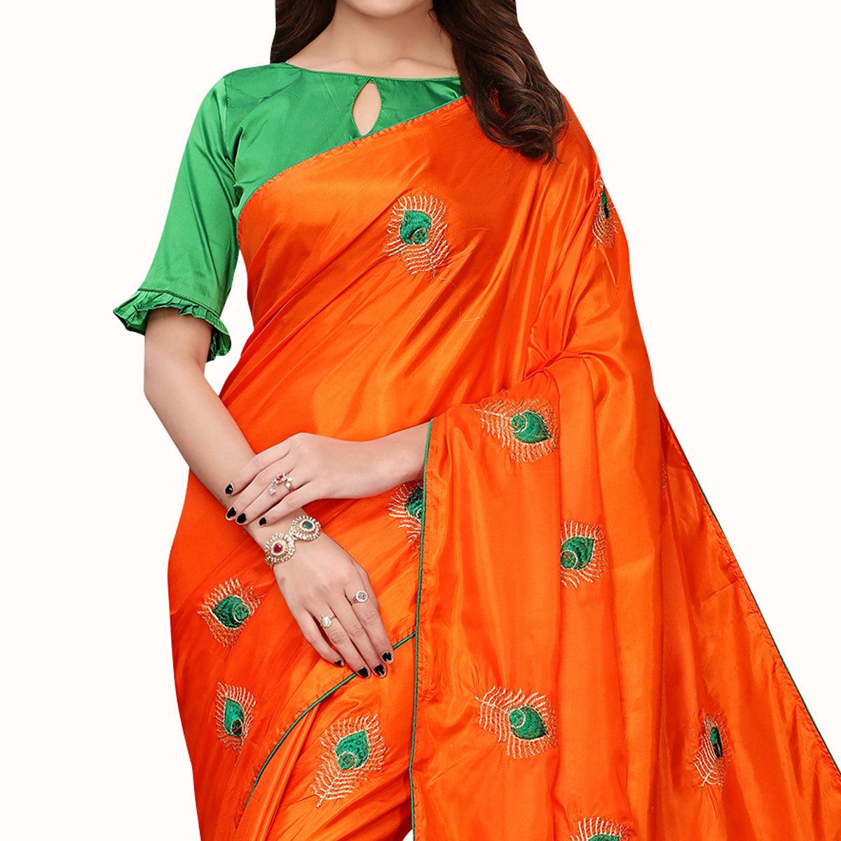 Delightful Orange Colored Party Wear Embroidered Silk Saree - Peachmode