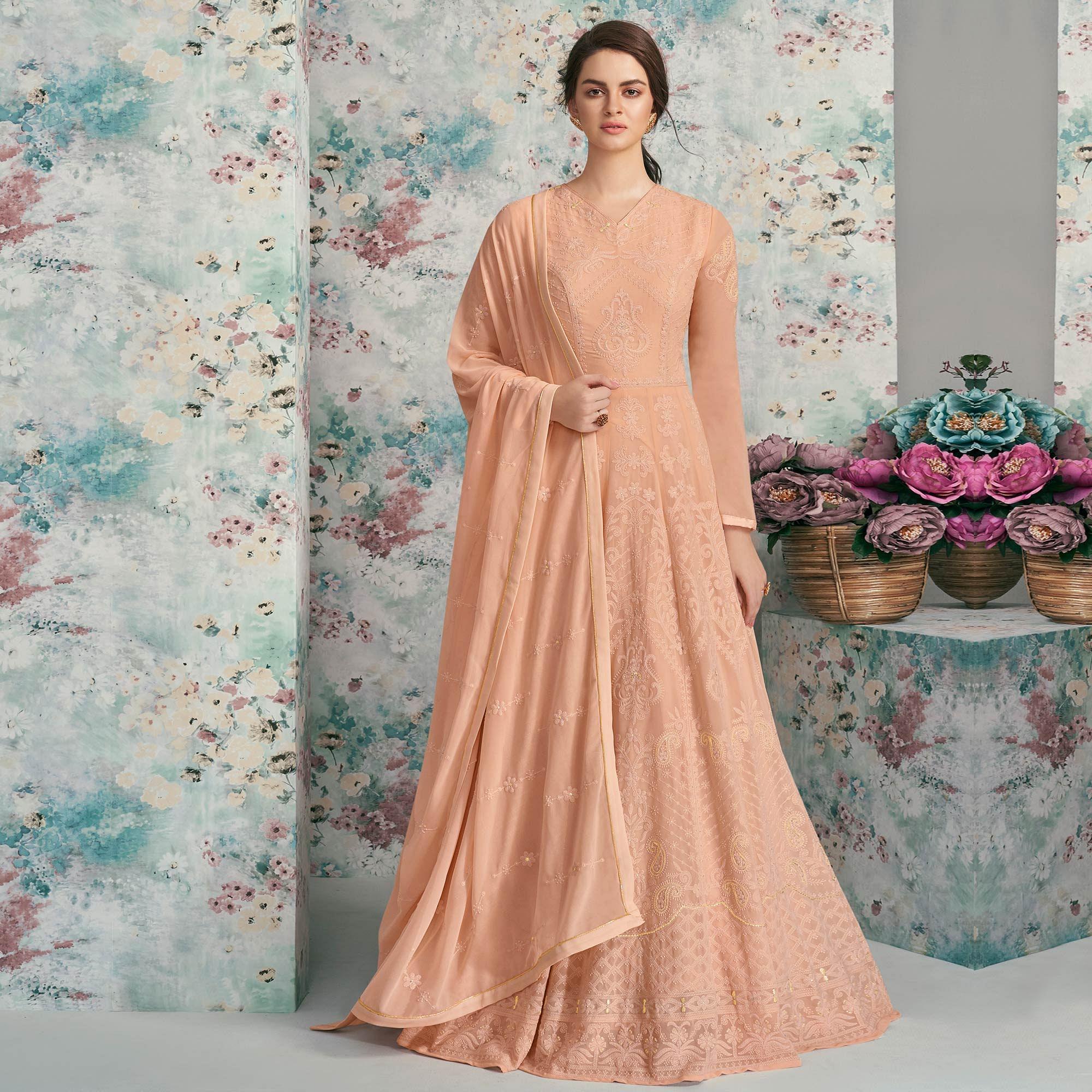Delightful Peach Colored Party Wear Embroidered Heavy Faux Georgette Anarkali Suit - Peachmode