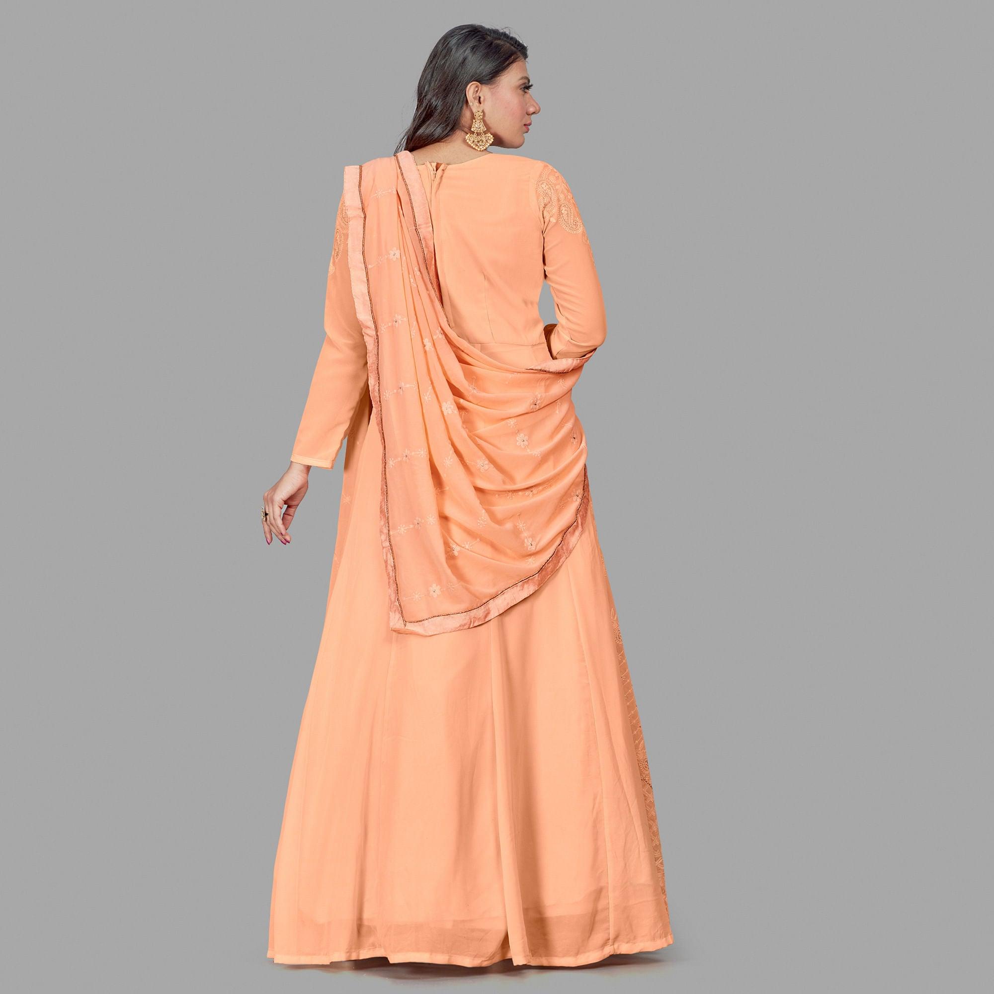 Delightful Peach Colored Party Wear Embroidered Heavy Faux Georgette Anarkali Suit - Peachmode