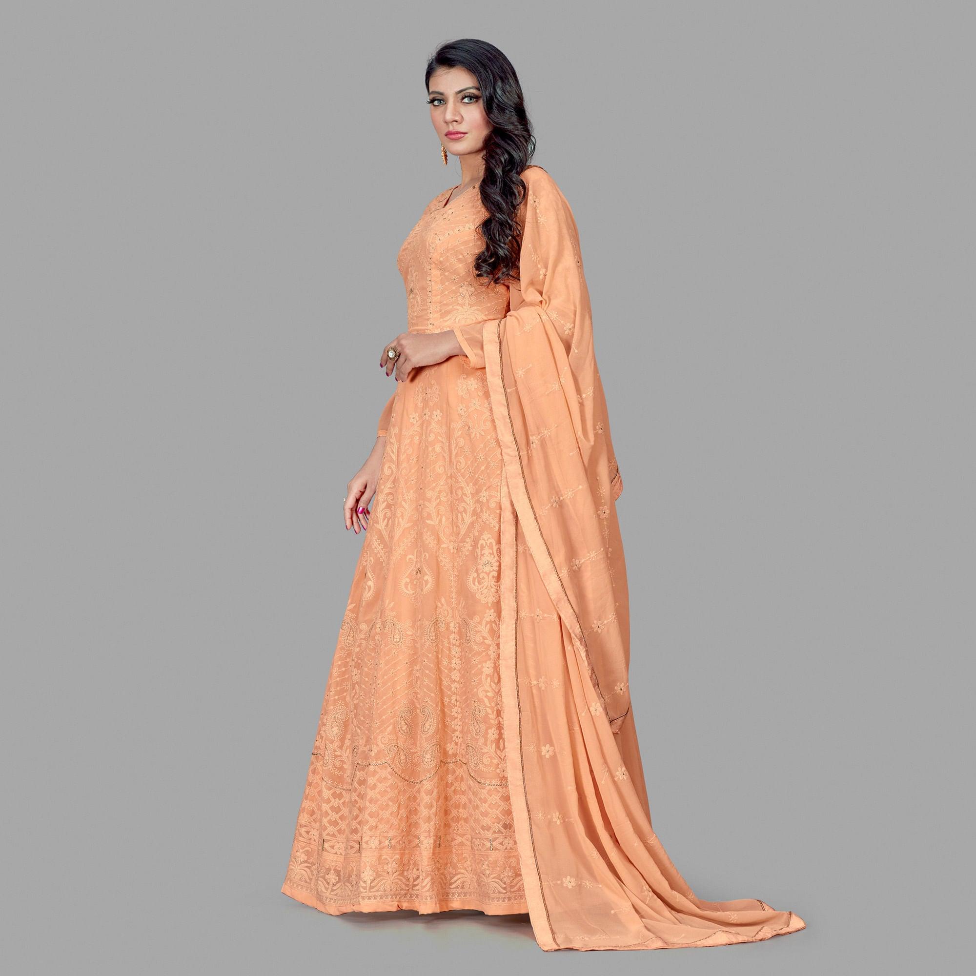 Delightful Peach Colored Party Wear Embroidered Heavy Faux Georgette Anarkali Suit - Peachmode