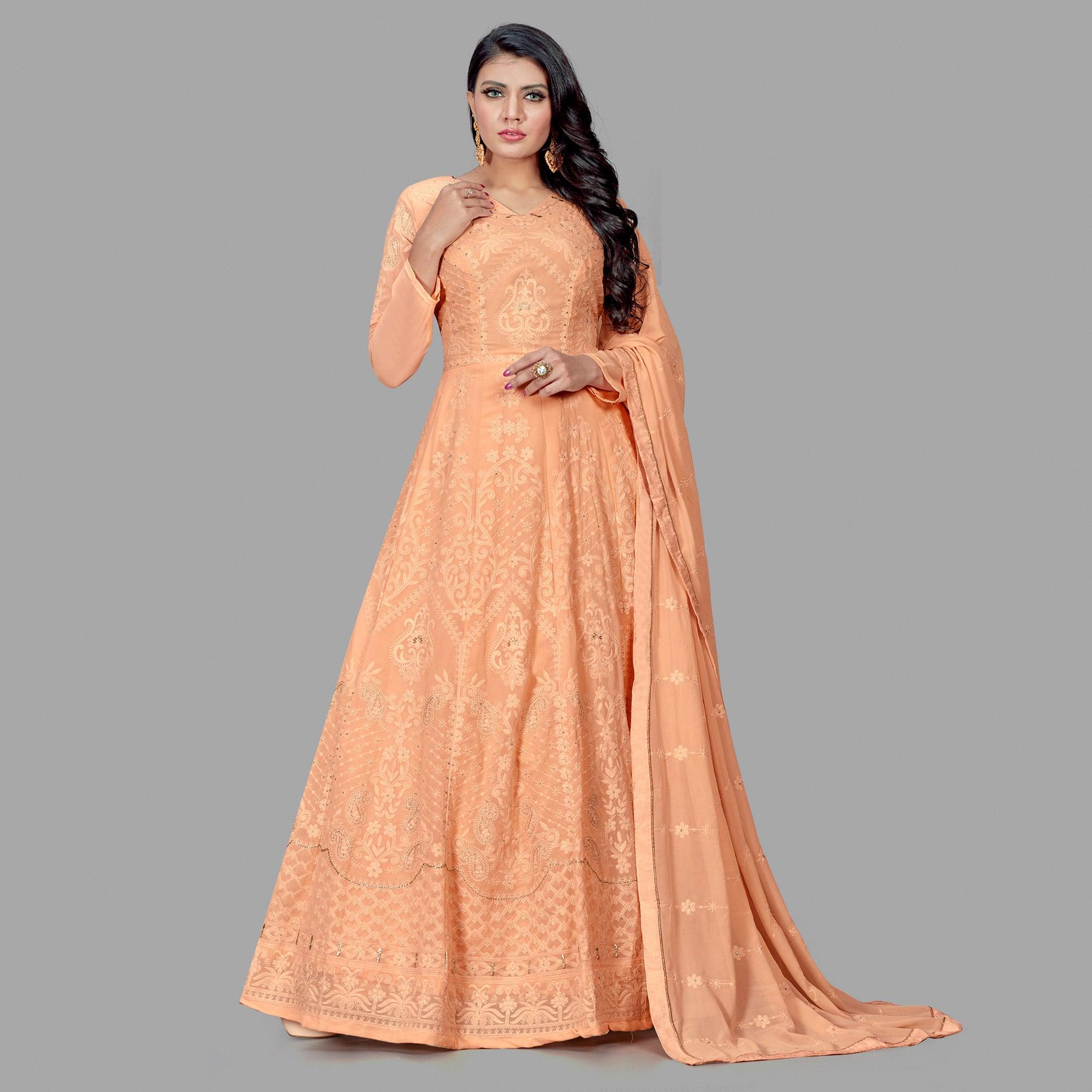 Delightful Peach Colored Party Wear Embroidered Heavy Faux Georgette Anarkali Suit - Peachmode
