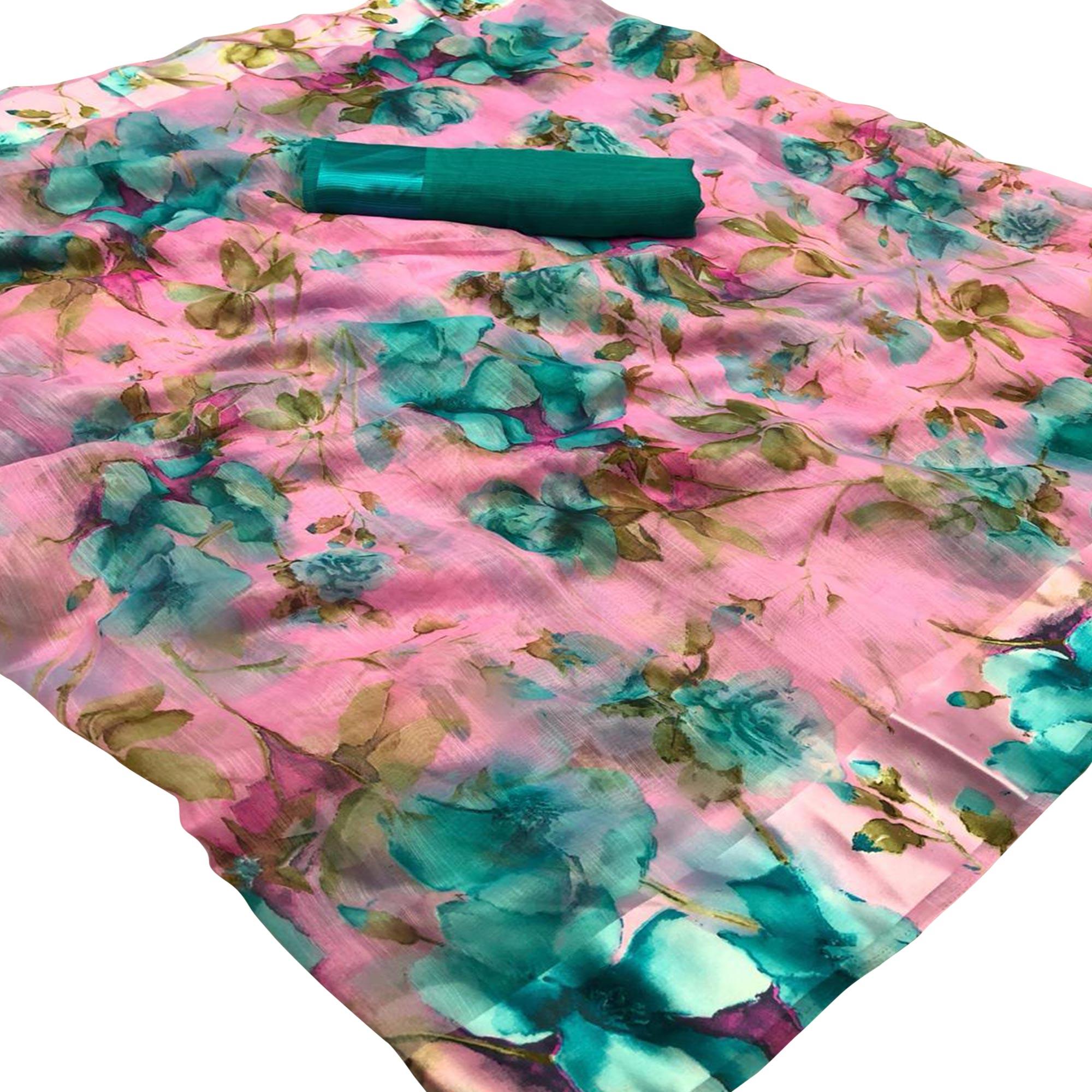 Delightful Pink Colored Casual Wear Floral Printed Linen Saree - Peachmode
