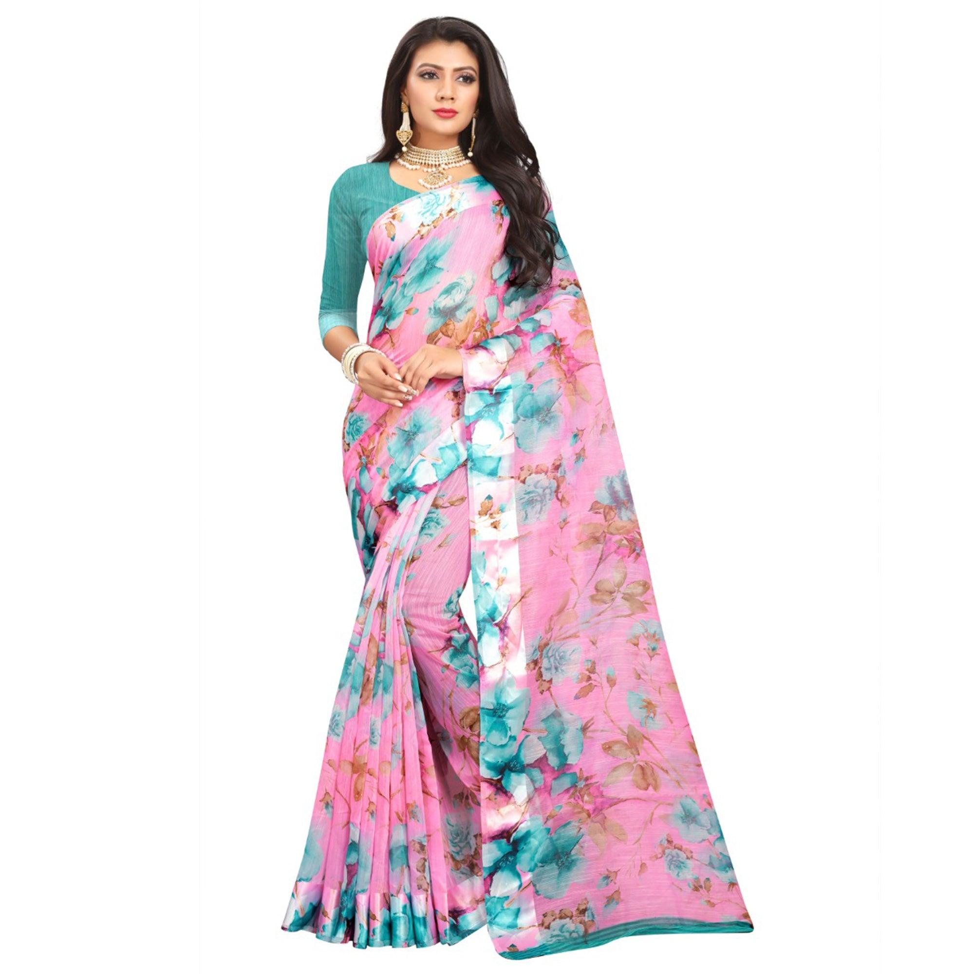 Delightful Pink Colored Casual Wear Floral Printed Linen Saree - Peachmode