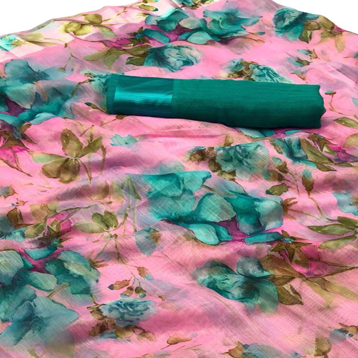 Delightful Pink Colored Casual Wear Floral Printed Linen Saree - Peachmode