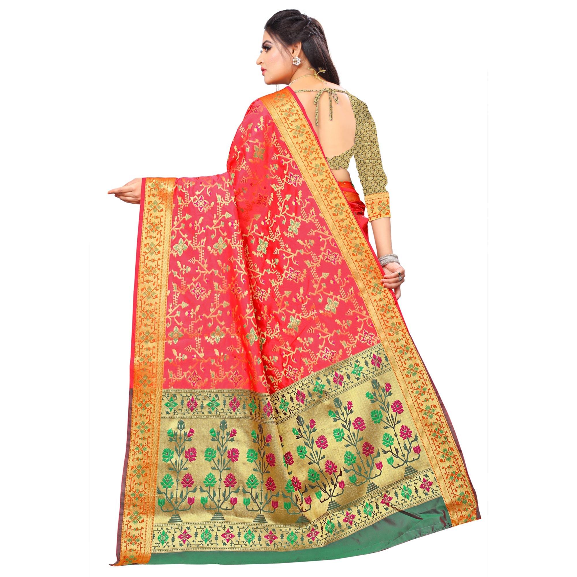 Delightful Pink Colored Festive Wear Woven Silk Saree - Peachmode
