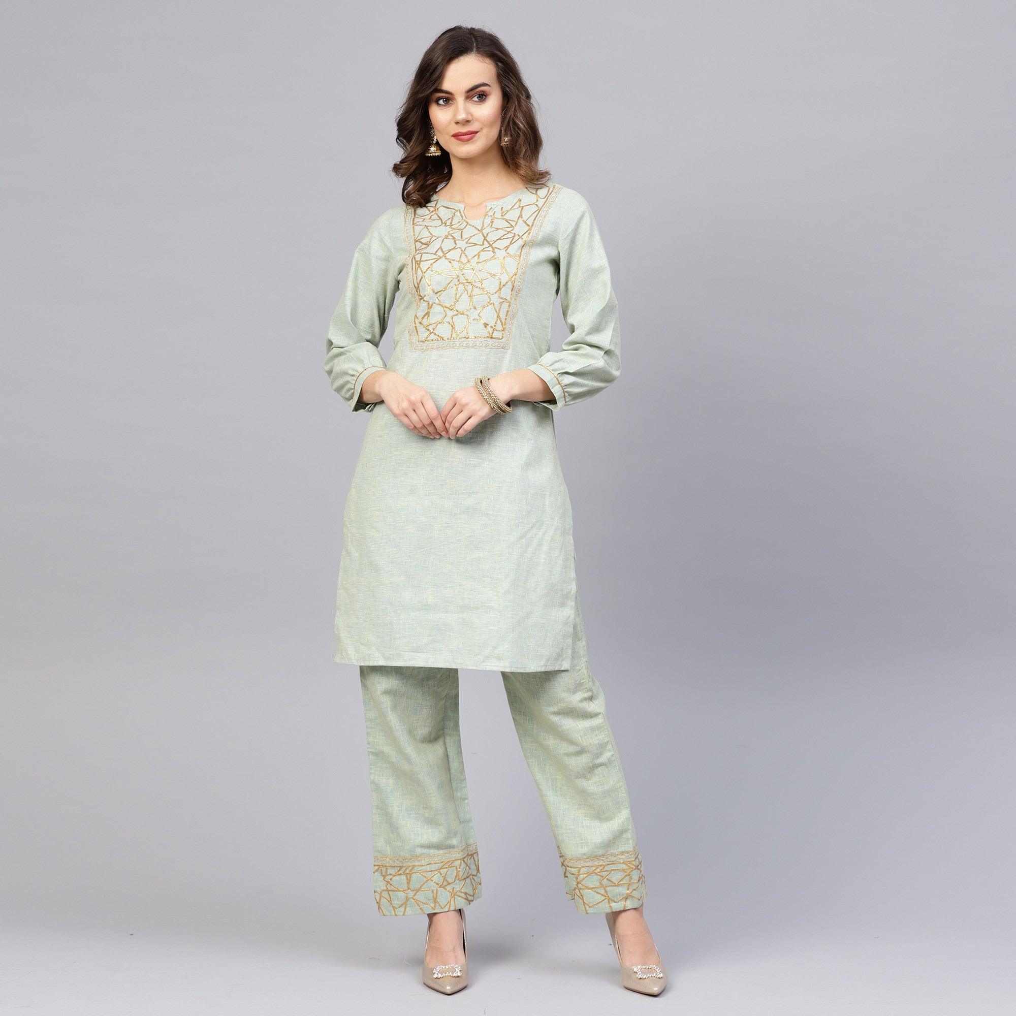 Delightful Pista Green Colored Party Wear Embroidered Cotton Kurti-Pant Set - Peachmode
