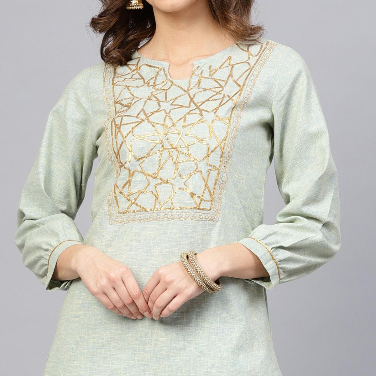 Delightful Pista Green Colored Party Wear Embroidered Cotton Kurti-Pant Set - Peachmode