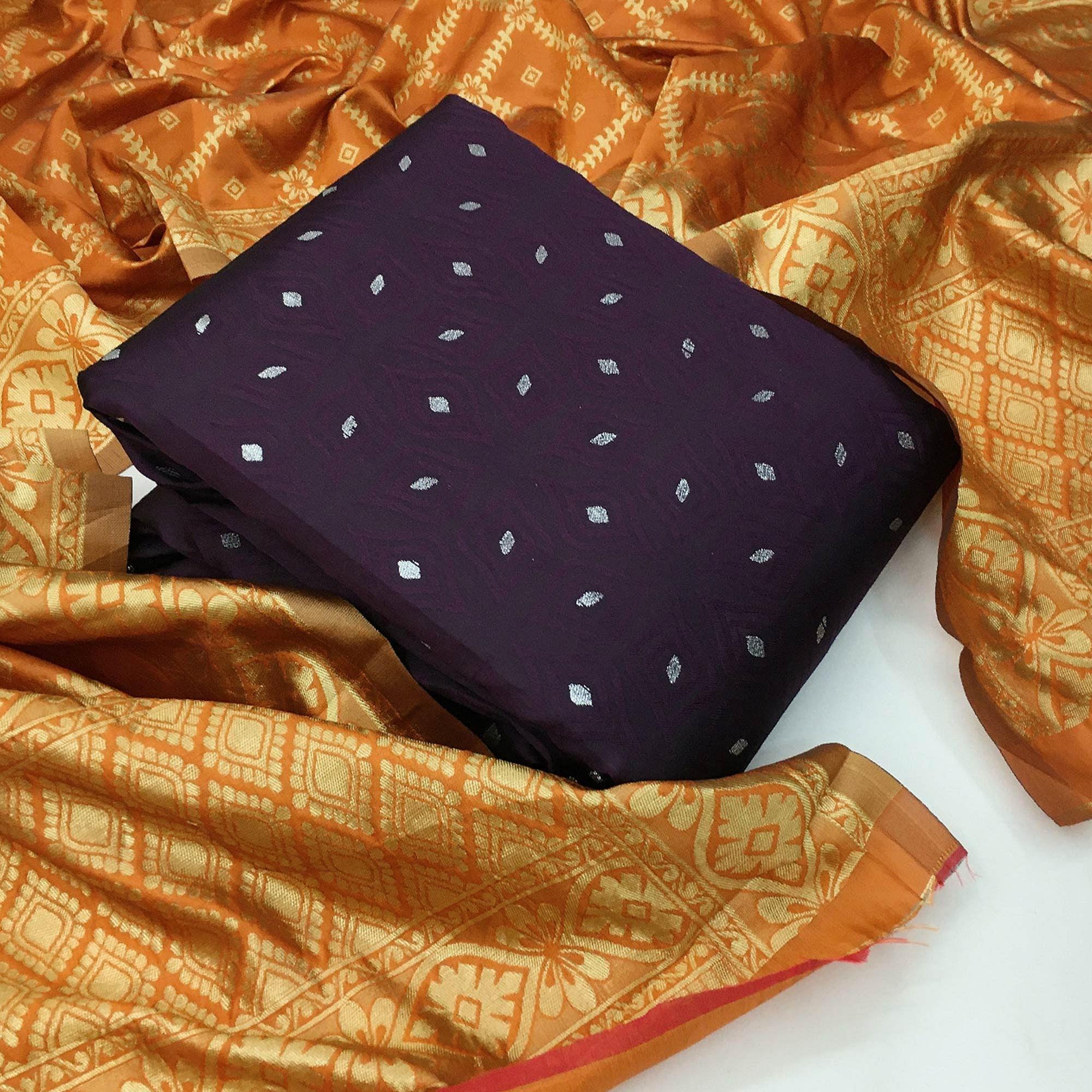 Delightful Purple Colored Casual Wear Woven Banarasi Silk Dress Material - Peachmode