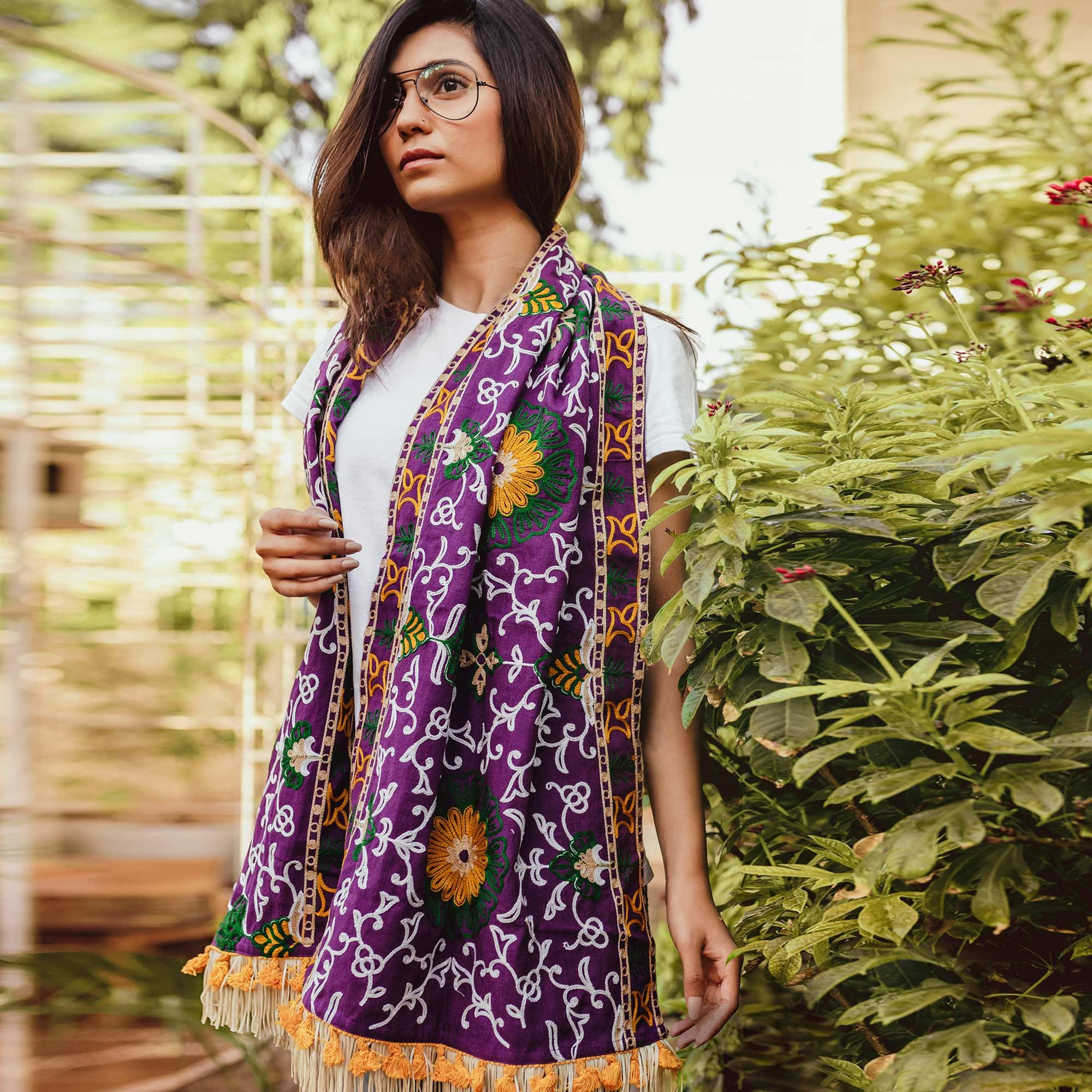 Delightful Purple Colored Embroidered Khadi Muffler Stole - Peachmode