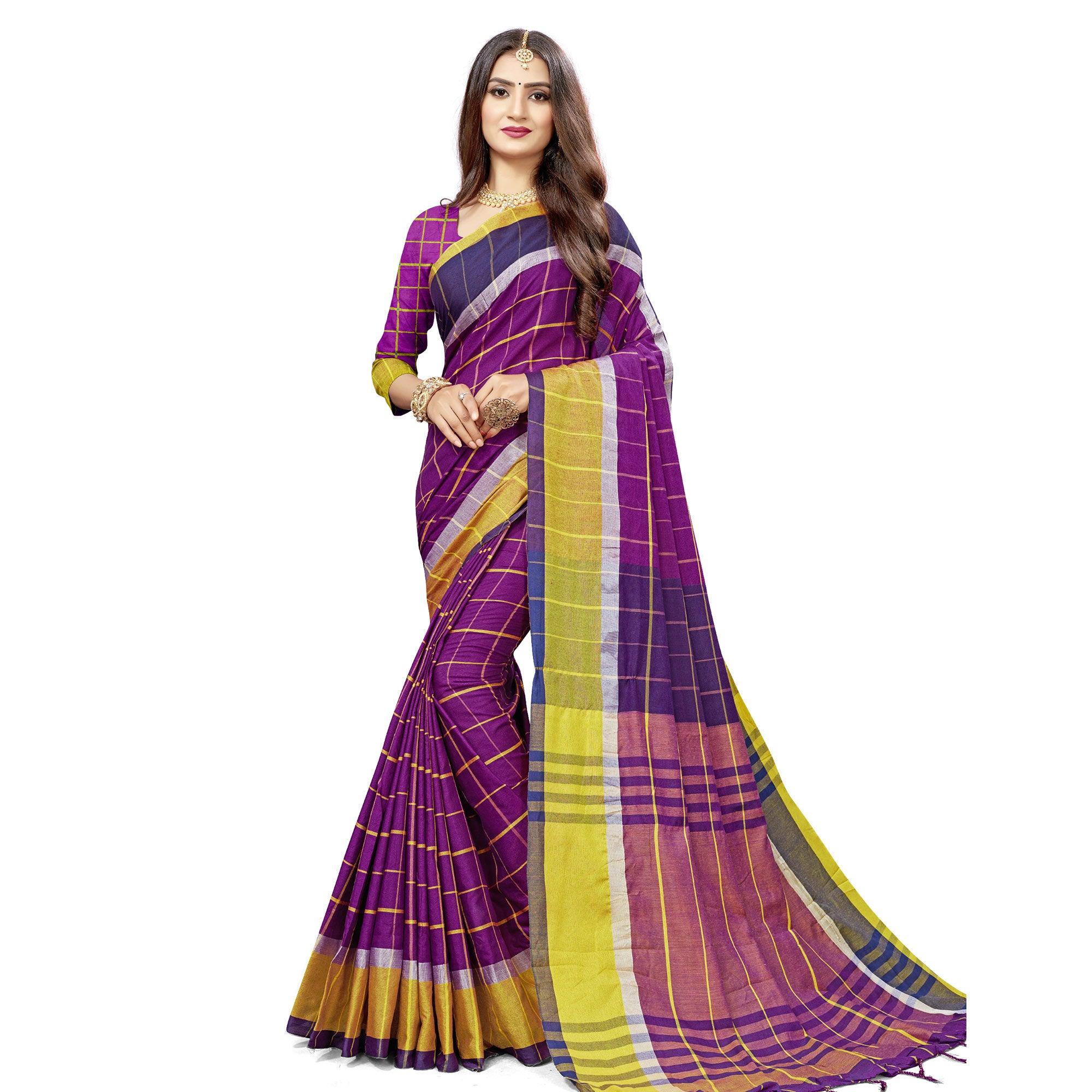Delightful Purple Colored Festive Wear Stripe Printed Cotton Silk Saree With Tassels - Peachmode