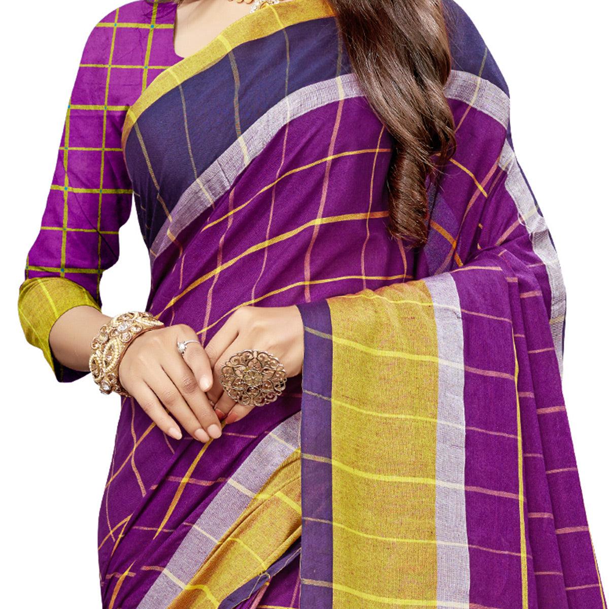 Delightful Purple Colored Festive Wear Stripe Printed Cotton Silk Saree With Tassels - Peachmode