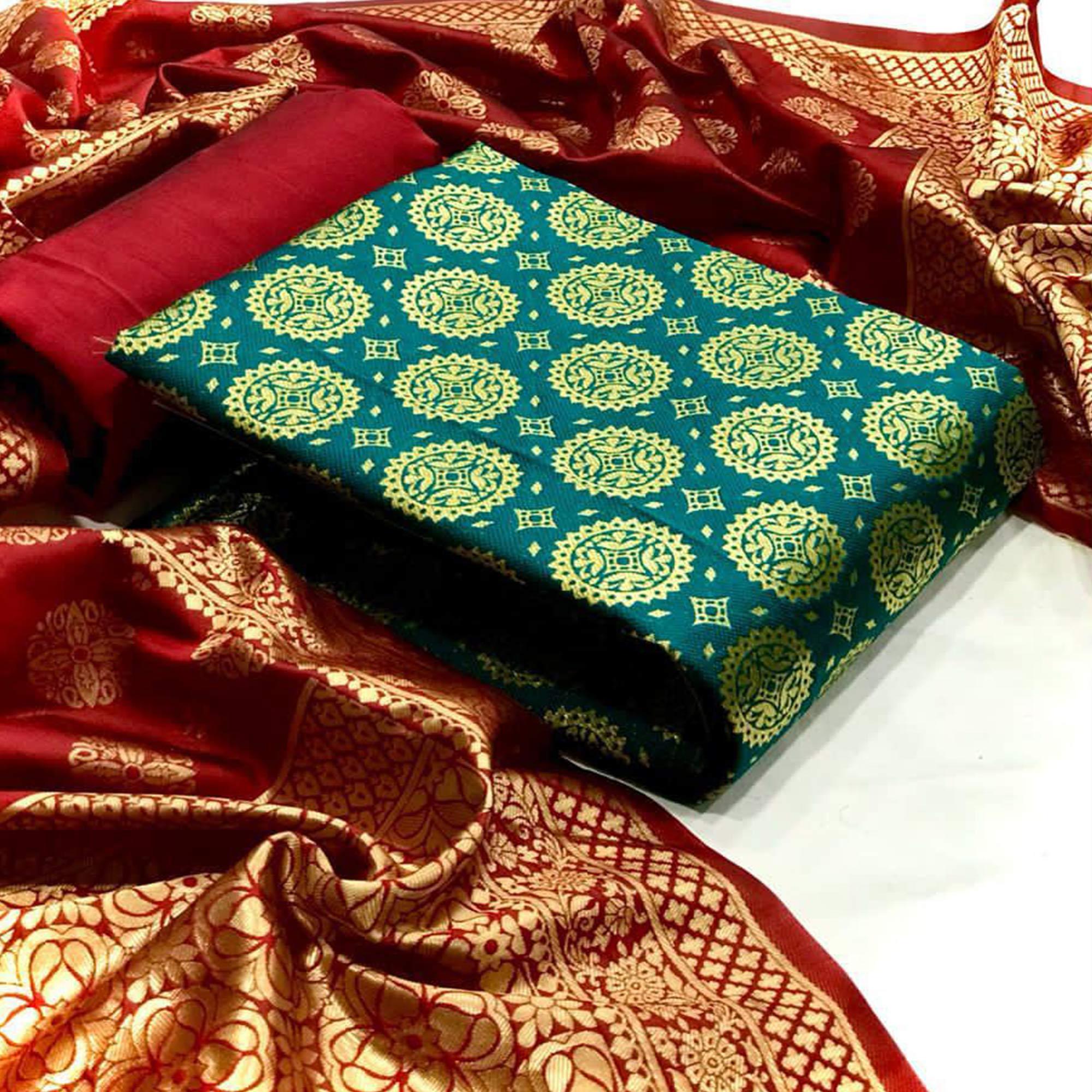 Delightful Rama Colored Casual Wear Banarasi Silk Dress Material - Peachmode