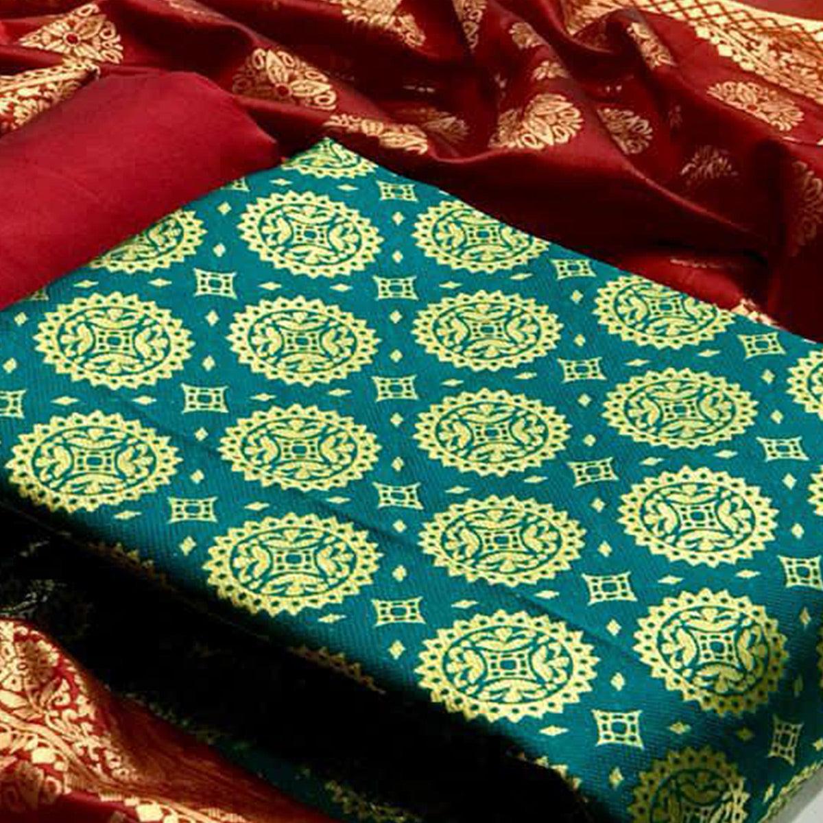 Delightful Rama Colored Casual Wear Banarasi Silk Dress Material - Peachmode