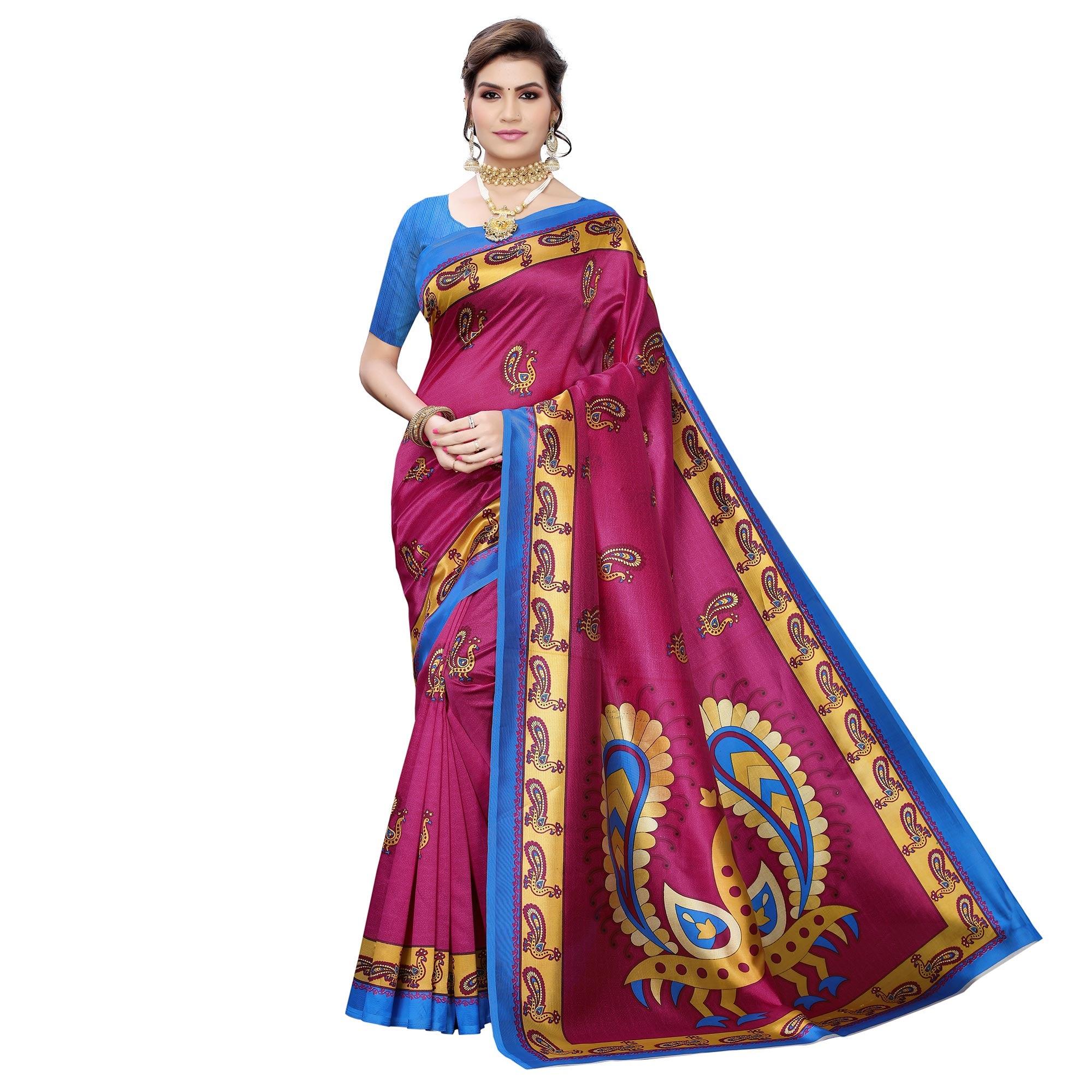 Delightful Rani Pink Colored Casual Wear Peacock Printed Art Silk Saree - Peachmode