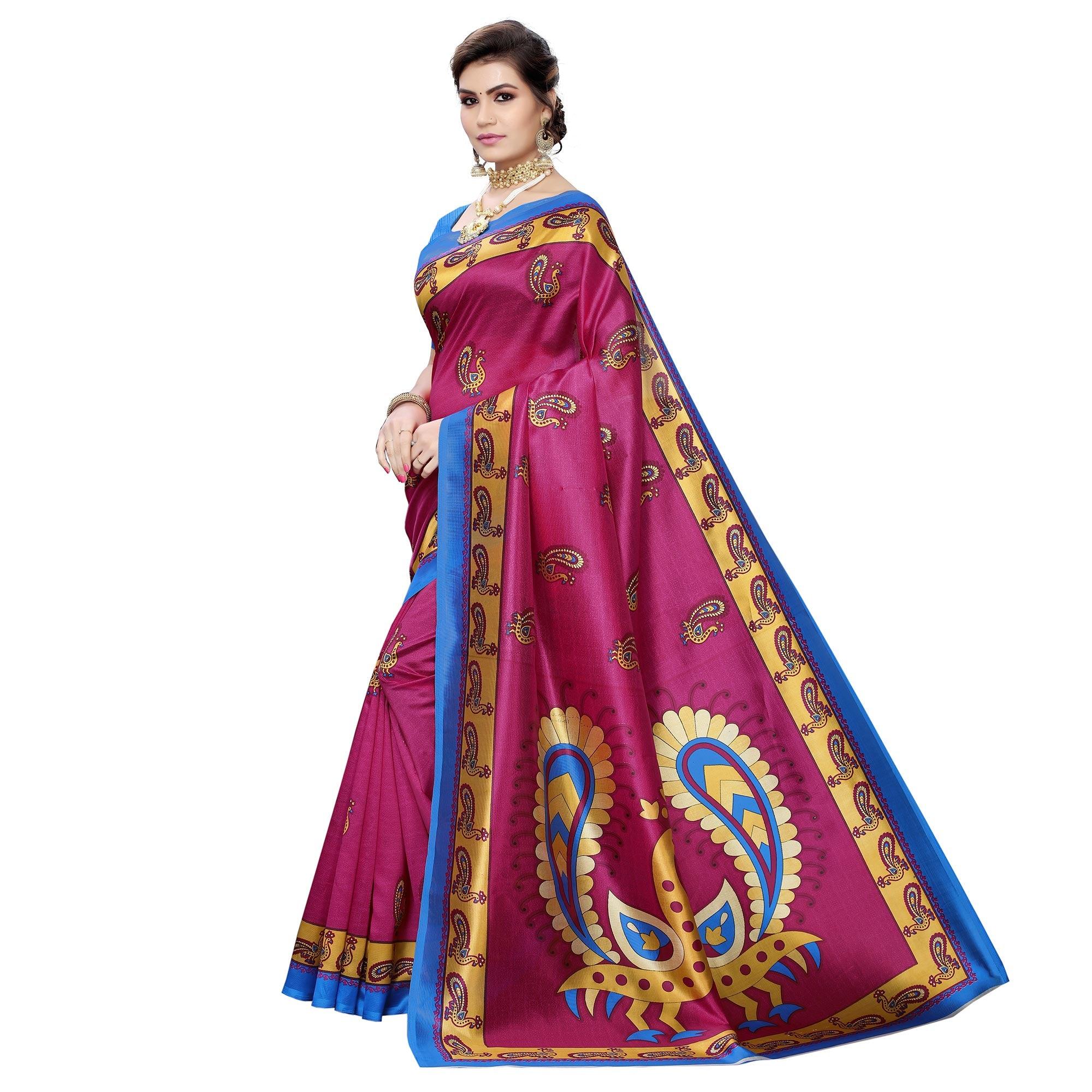 Delightful Rani Pink Colored Casual Wear Peacock Printed Art Silk Saree - Peachmode