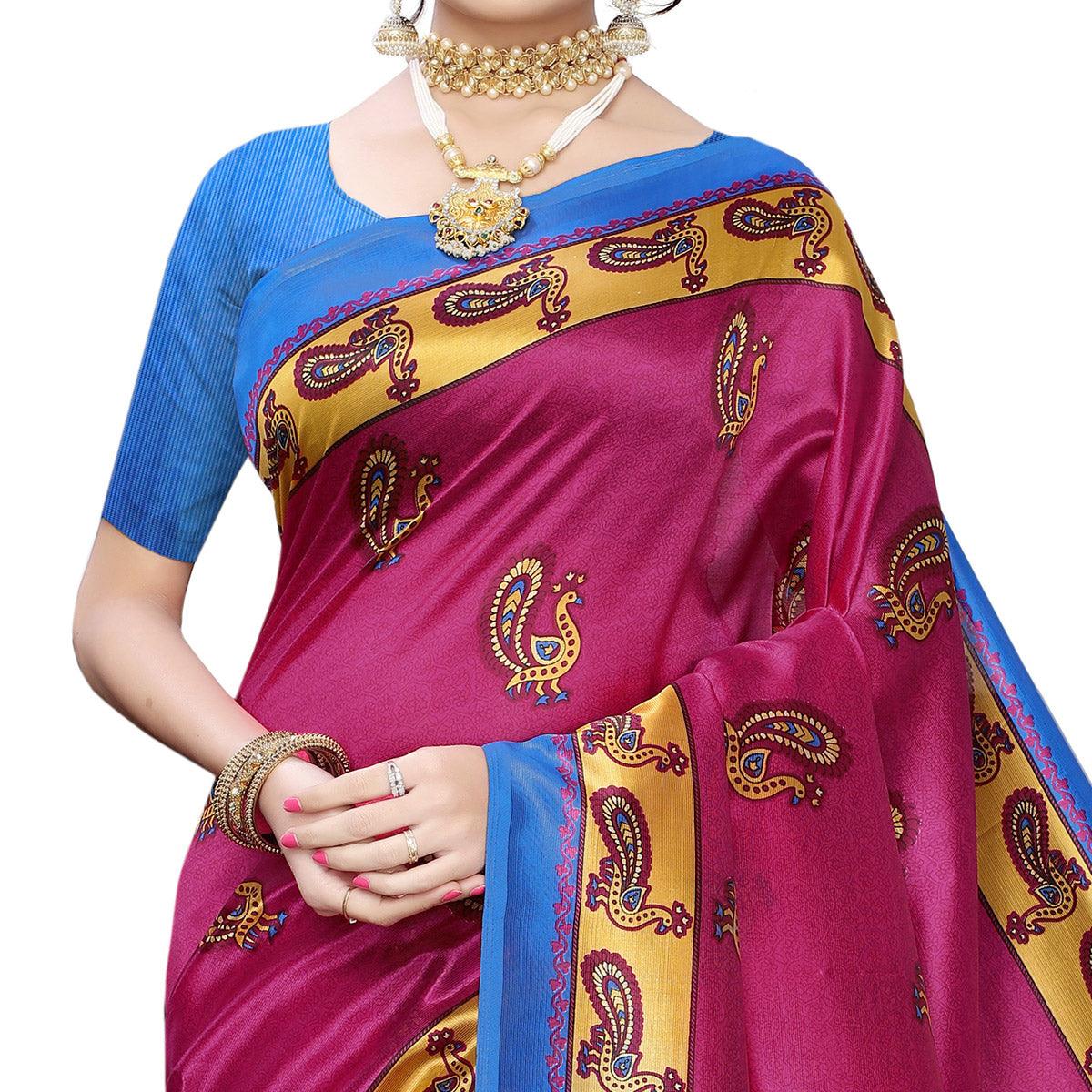 Delightful Rani Pink Colored Casual Wear Peacock Printed Art Silk Saree - Peachmode