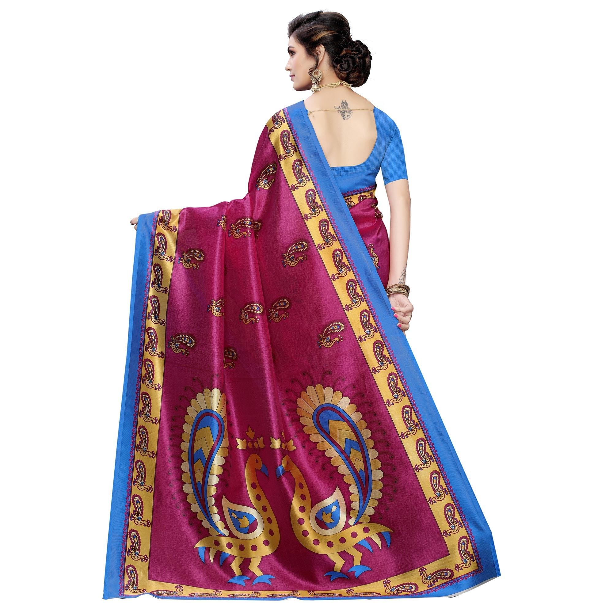 Delightful Rani Pink Colored Casual Wear Peacock Printed Art Silk Saree - Peachmode